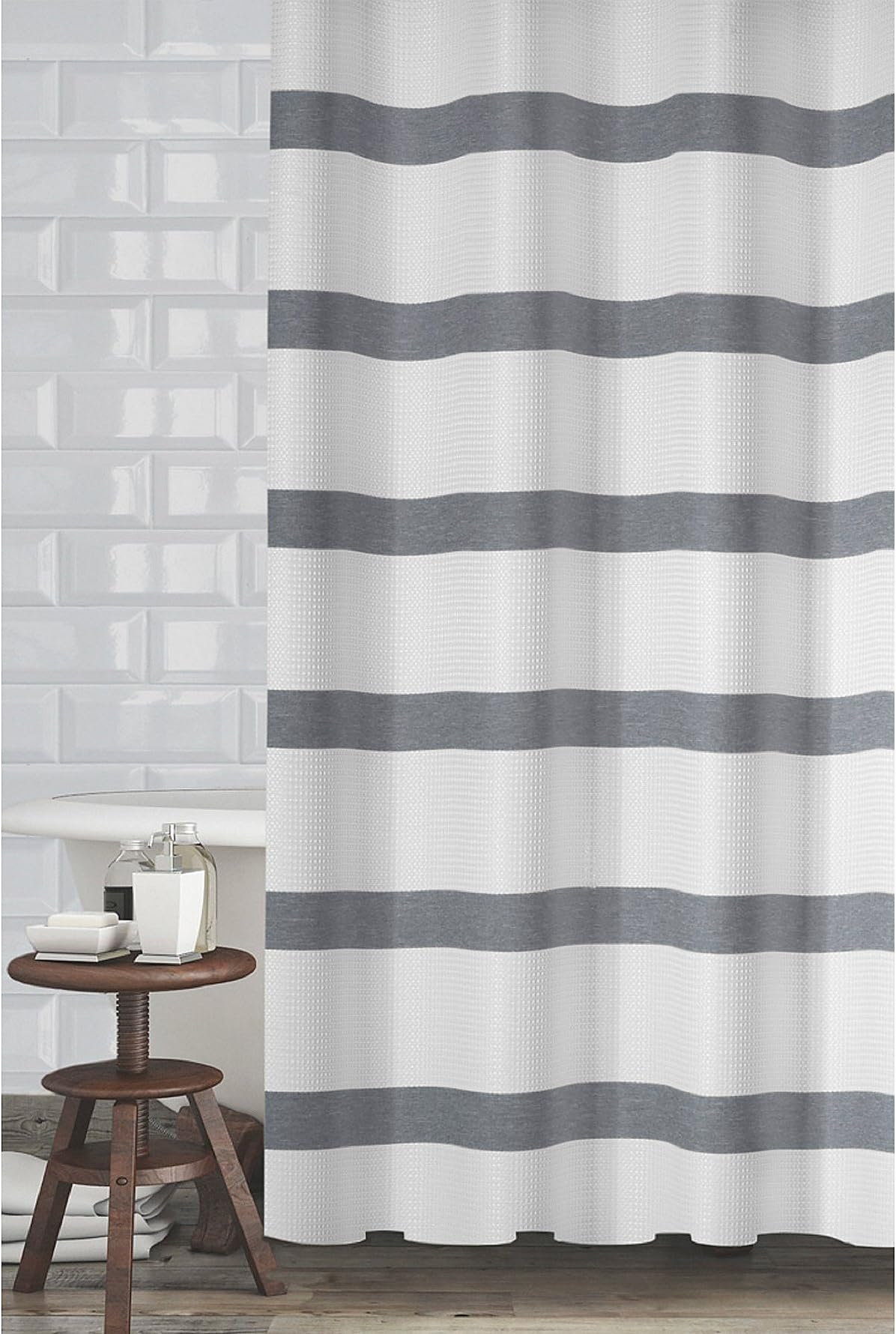 PB Home Mulberry Waffle Striped Fabric Shower Curtain Grey