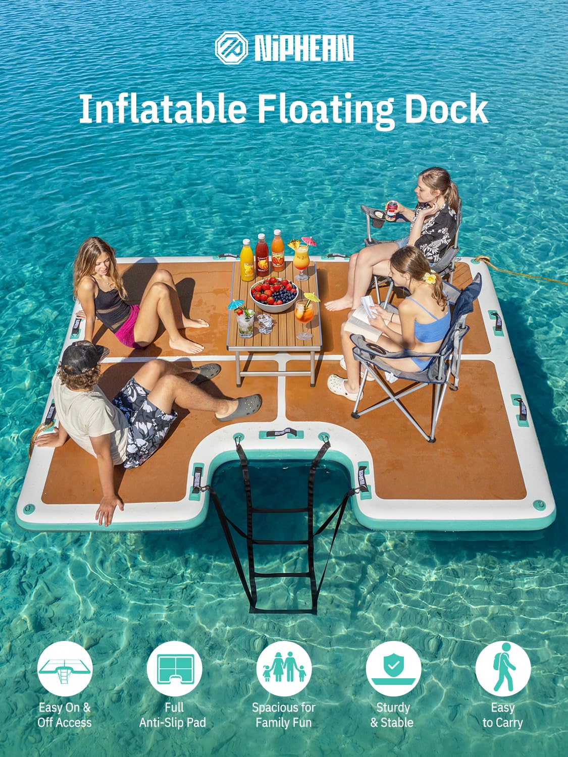 Niphean Schwimmdock Aufblasbar, rutschfeste Schwimminsel Mit Leiter & 9 Griffen, Stabile Aufblasbares Schwimmdock Für Seen, Langlebige Familieninsel, Tragetasche, 243×183/305×243 cm