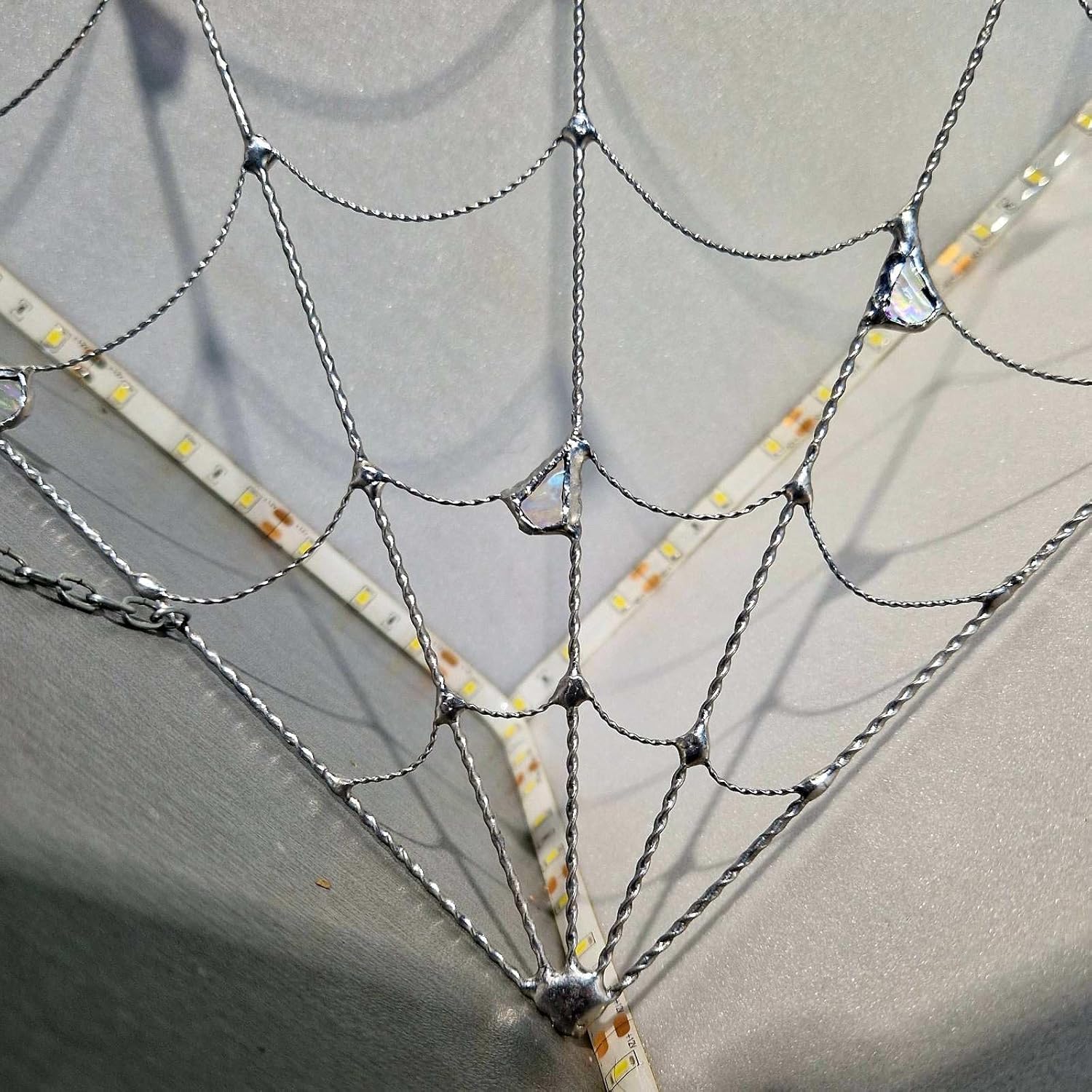 Handmade Stained Glass Сorner Spiderweb Sun Catcher for Halloween, Gothic Window Decor with Rainbow Glass Droplets, 12x12 Inch Home Hanging Art