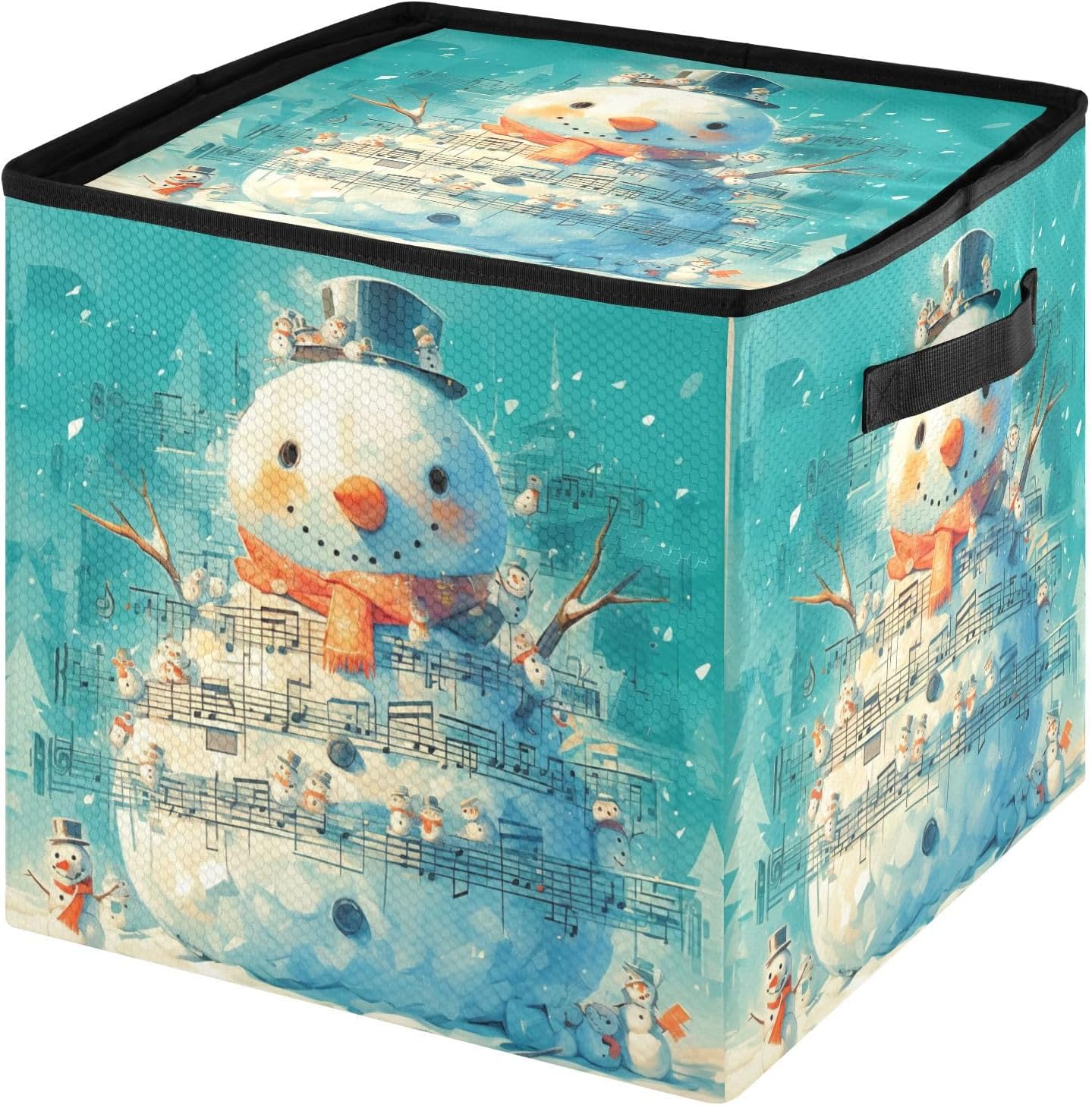 High Capacity Christmas ornament organizer Holds Up to 64, Zippered Top stackable Holiday Storage Case with Lid,Playful and Cute Snowman Music Notes Teal