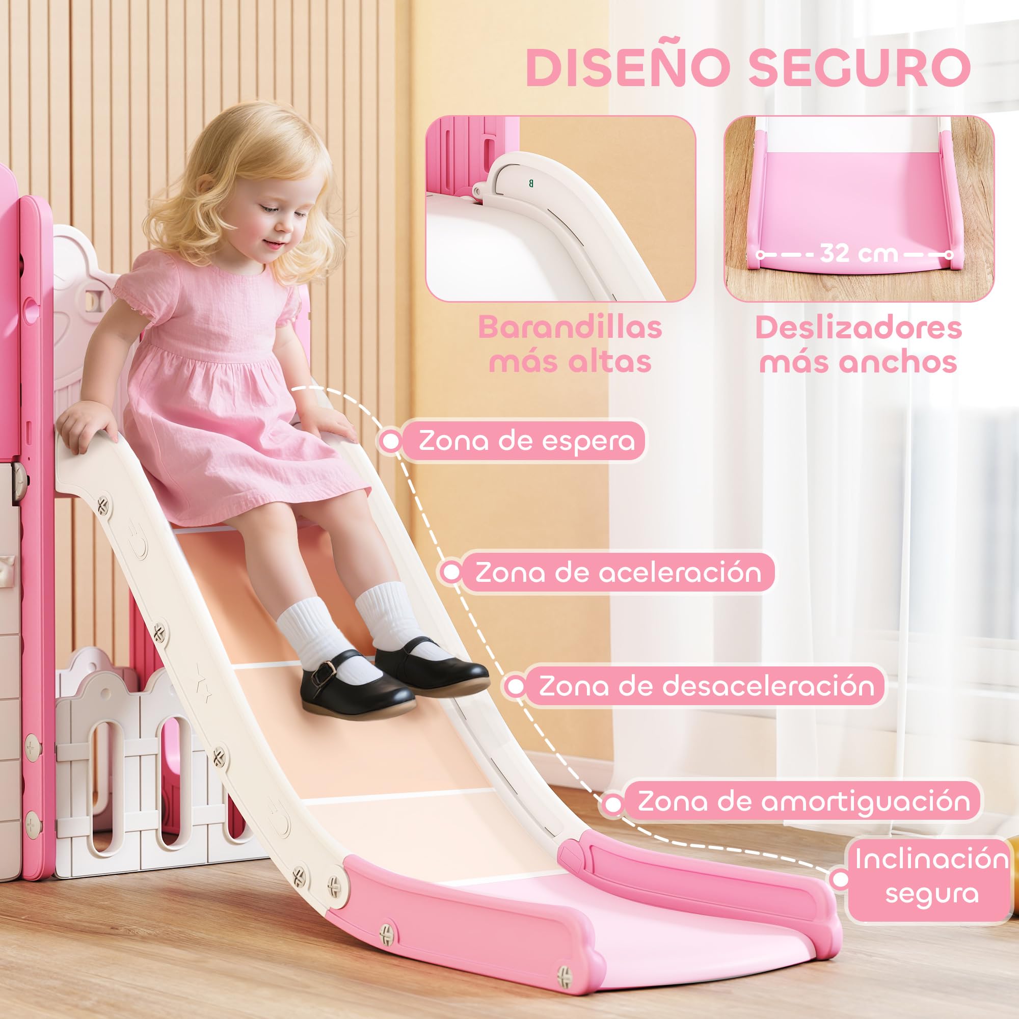 AIYAPLAY Tobogán Infantil 7 en 1, Tobogán para Niños de 1-3 Años, Temática de Rana, con Aro de Baloncesto, Túnel, Pizarra, Telescopio de Juguete, Escalador y Cajas, para Interior y Exterior, Rosa