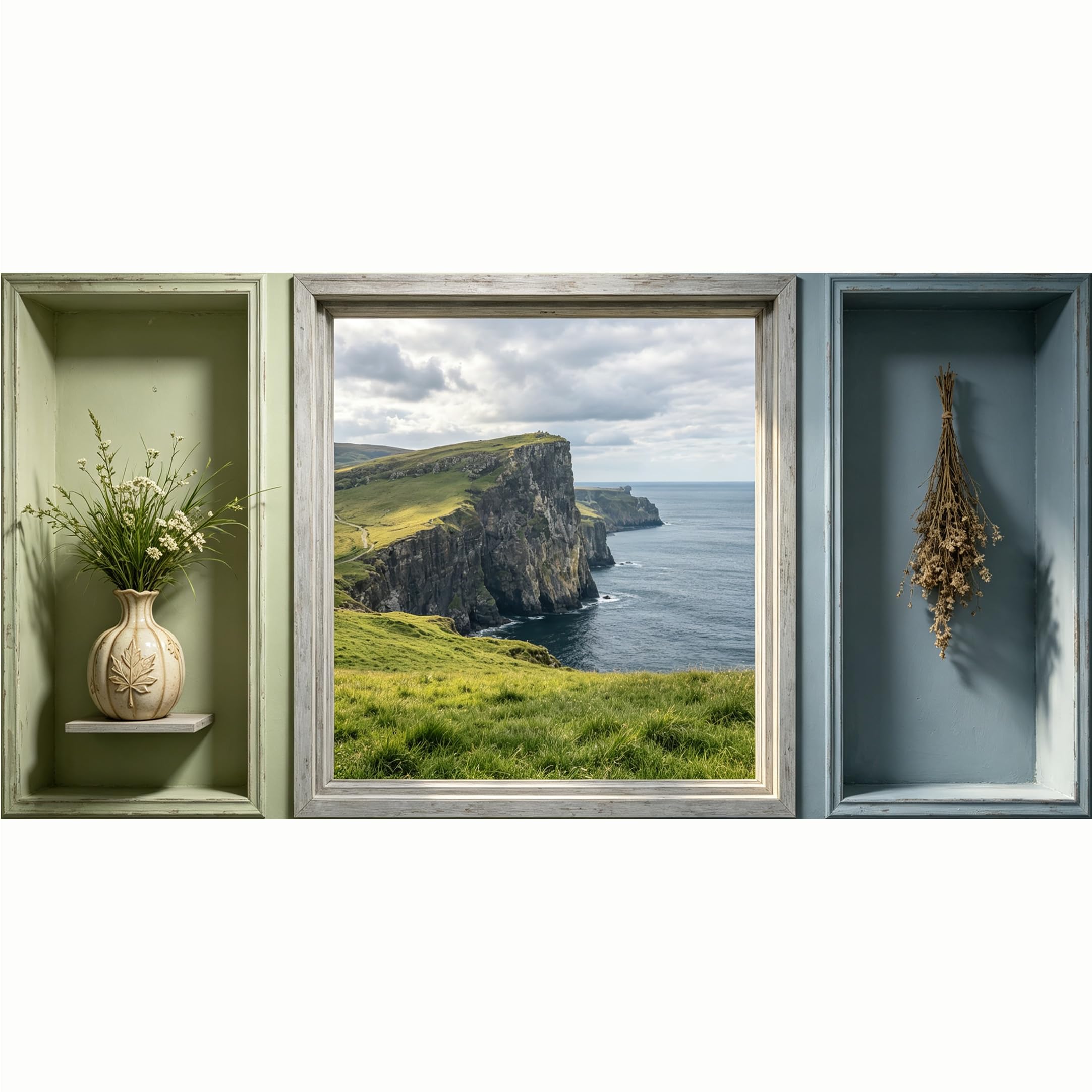 QZLITHOTIC 50x100cm 3D Framed Wall Art， Coastal Ocean Cliff Landscape with Botanical Vase Decor Self‑Adhesive Mural， Water‑Activated Peel & Stick Fabric Decor Wall Decal for Bedroom Living Room
