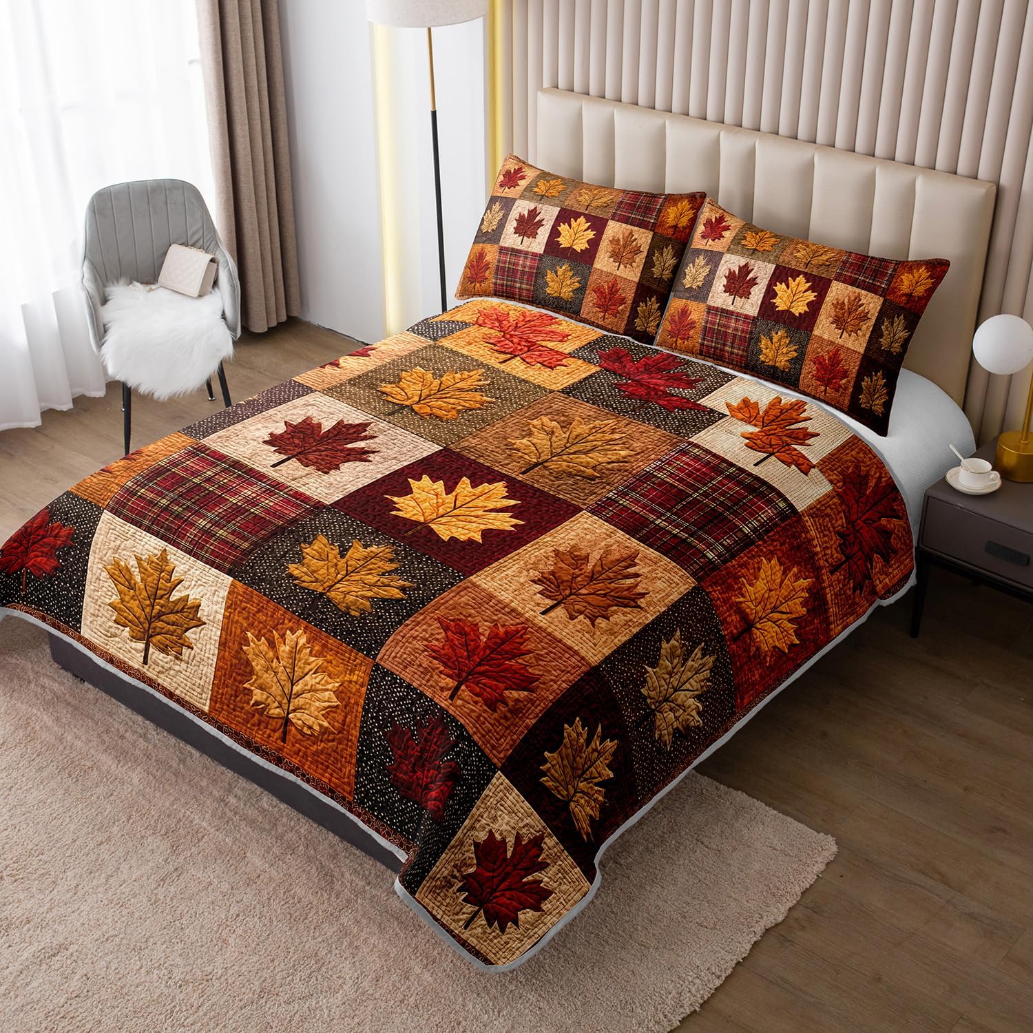 Fall Maple Leaf Grid Quilt Set King Size with 2 Pillowcases.
