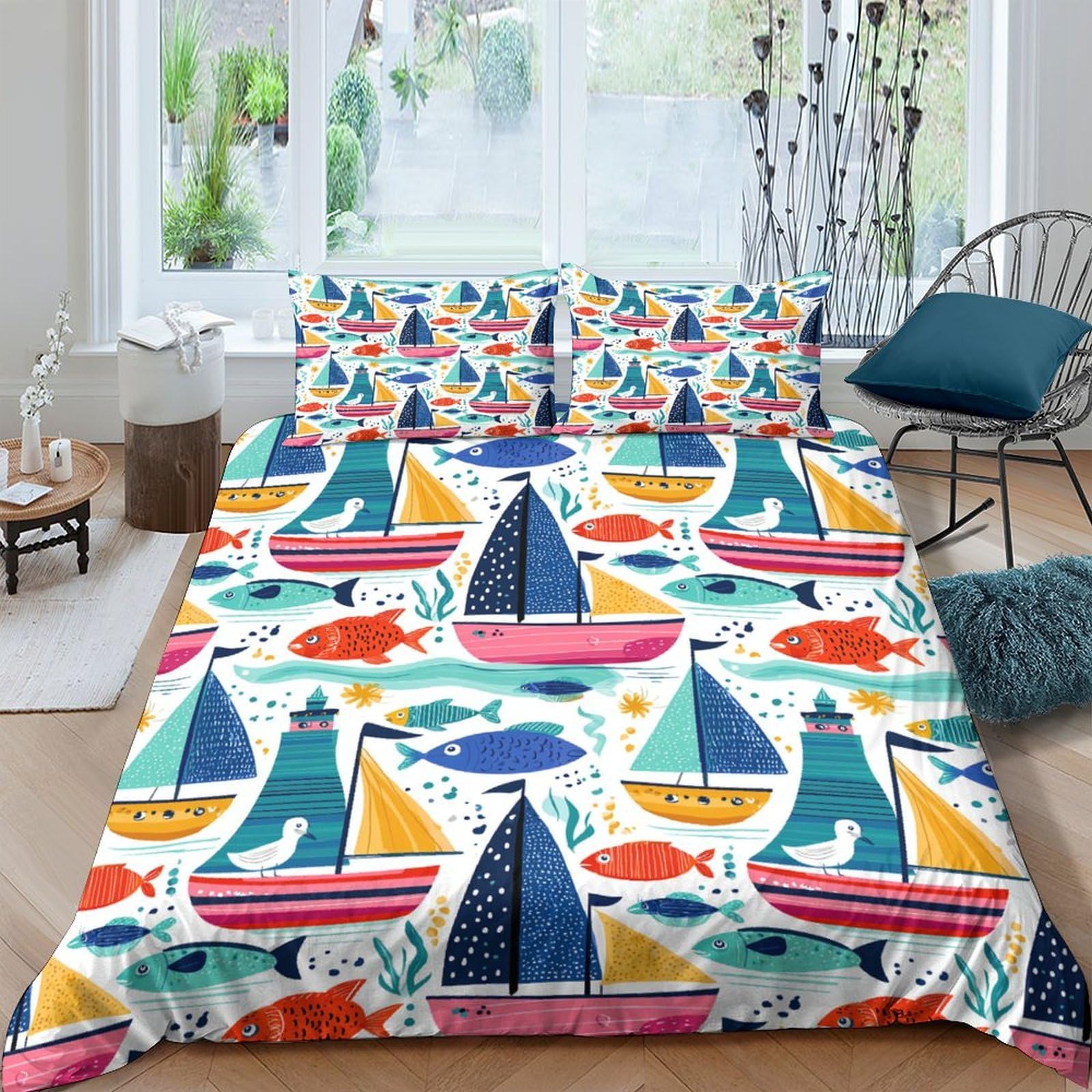 Ctjqhvkz Style-8 3D Printed Sailboat Ocean Fitted Sheet Microfiber Slip Resistant Fish Bed Cover For Bedroom Guest Room Decor Single（135X200cm）