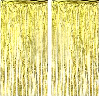 قطعتان من ستائر شراشيب من رقائق معدنية بلون ذهبي فاتح مقاس 3.3 قدم × 10 قدم، خلفية تصوير مثالية لمستلزمات تزيين حفلات اعياد الميلاد/التخرج، مناسبة لاي حفلة ذات طابع خاص (ذهبي فاتح)