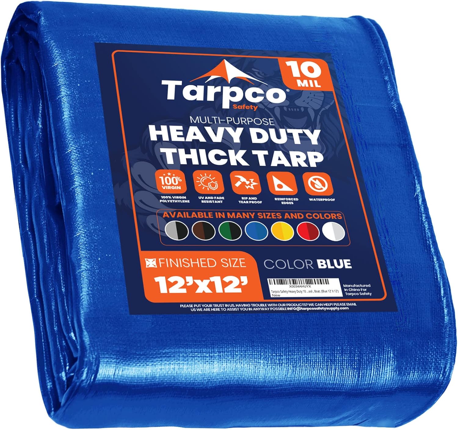 Tarpco Safety Heavy Duty 10 Mil Tarp Cover, Waterproof, UV Resistant, Rip and Tear Proof, Poly Tarpaulin with Reinforced Edges for Camping, Roof, Patio, Pool, Boat. (Blue 12 X 12)