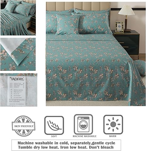 Miniatura 3 de FADFAY Juego de sábanas 100% algodón percal - Ropa de cama vintage con estampado floral y mariposas - Juego de sábanas de 4 piezas con bolsillo