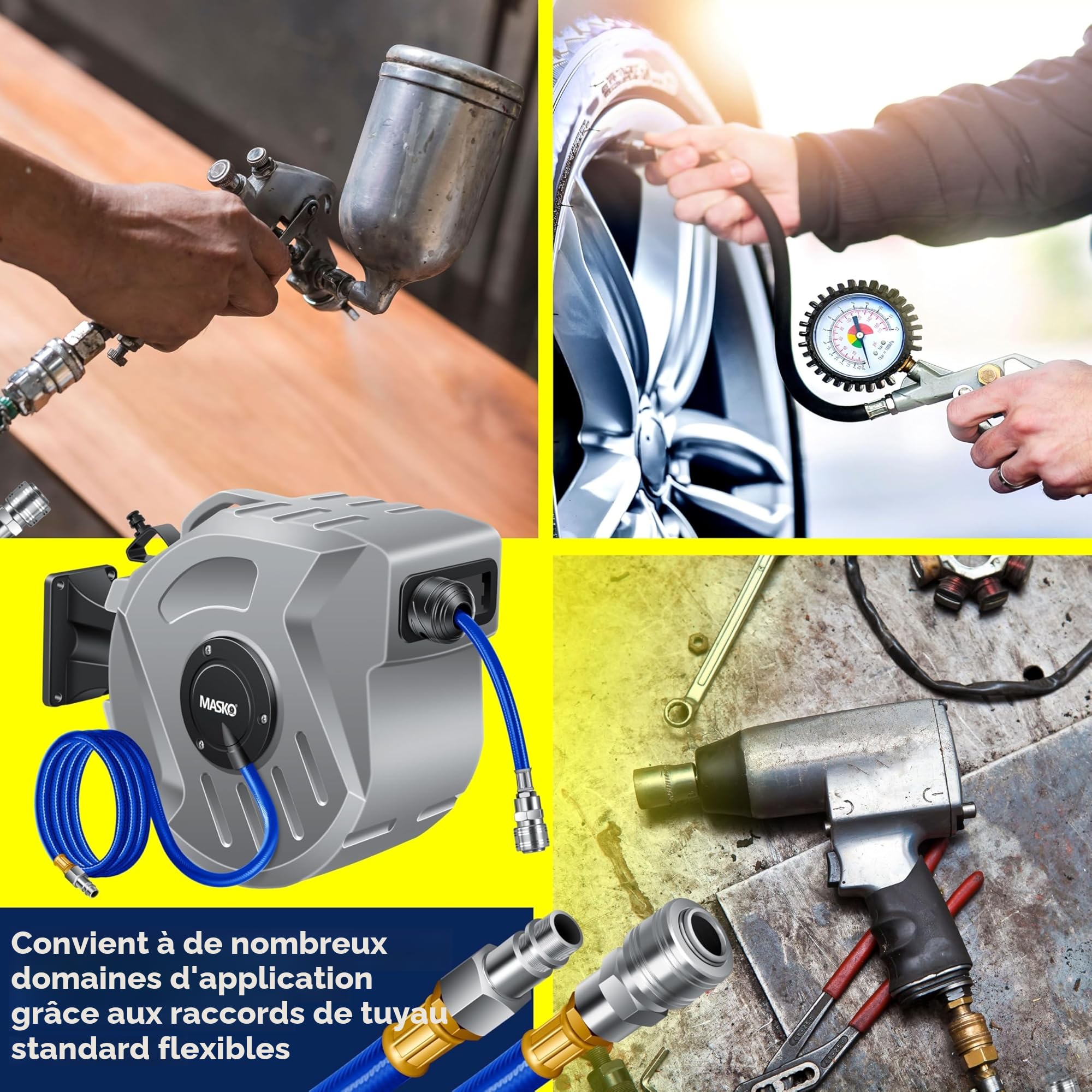 MASKO® Enrouleur de tuyaux pneumatique | Raccordement 1/4 - Dévidoir de flexible | dévidoir mural Enrouleur de tuyau d'air comprimé | dévidoir de tuyaux | enrouleur à tambour, gris, 20m