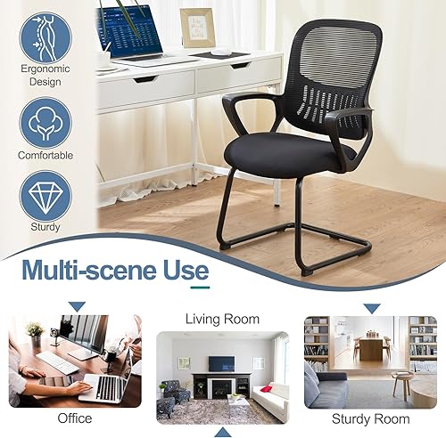 Miniatura 5 de Silla de escritorio sin ruedas, silla de oficina ergonómica con base de trineo, silla de computadora de malla con respaldo medio con reposabrazos de