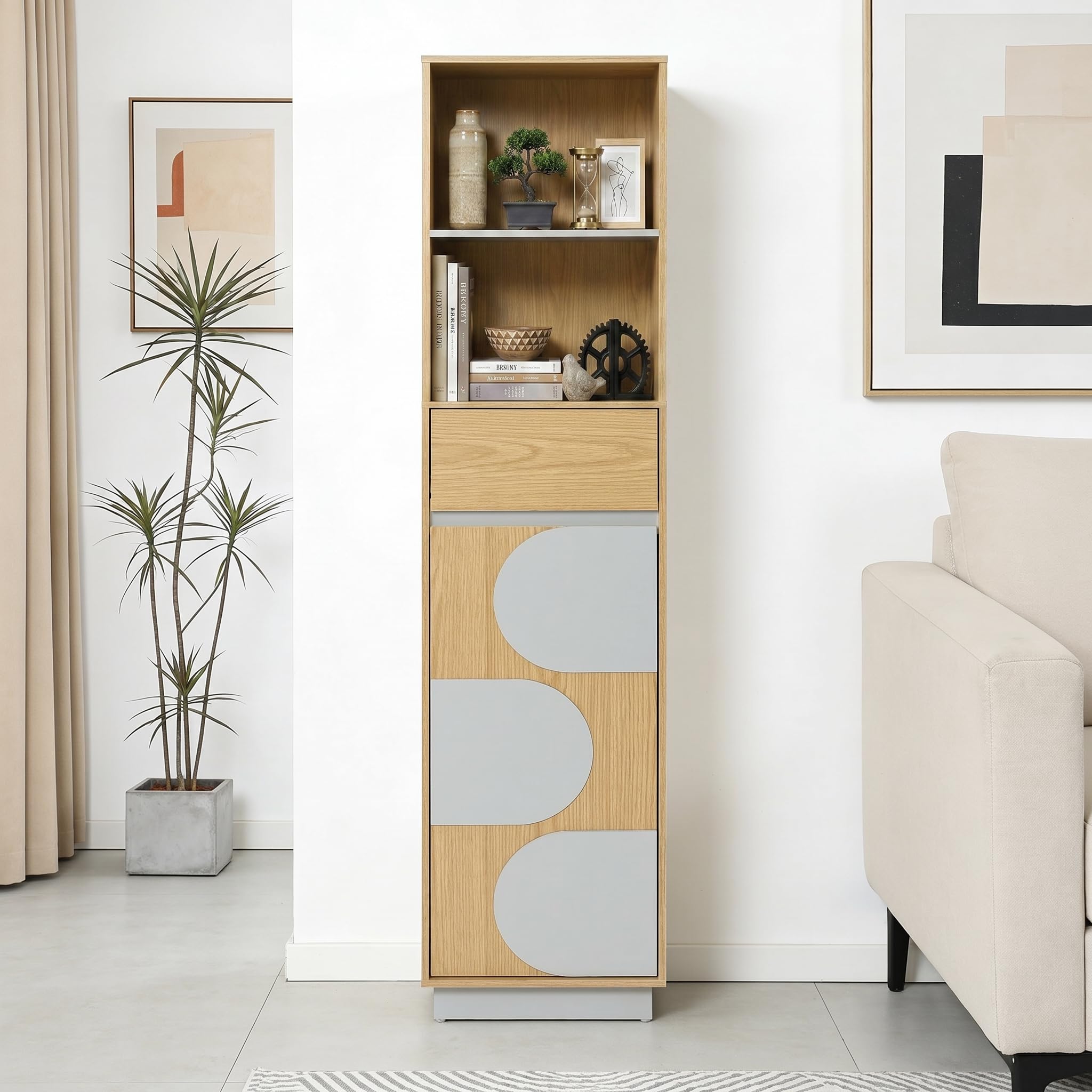 Hometopia Badezimmer Hochschrank Holz, 166 cm schmal mit Tür | 30x40 cm Grundfläche, 1 Schublade, verstellbare Böden unten, für kleine Bäder, freistehend, Eichenoptik, pflegeleicht