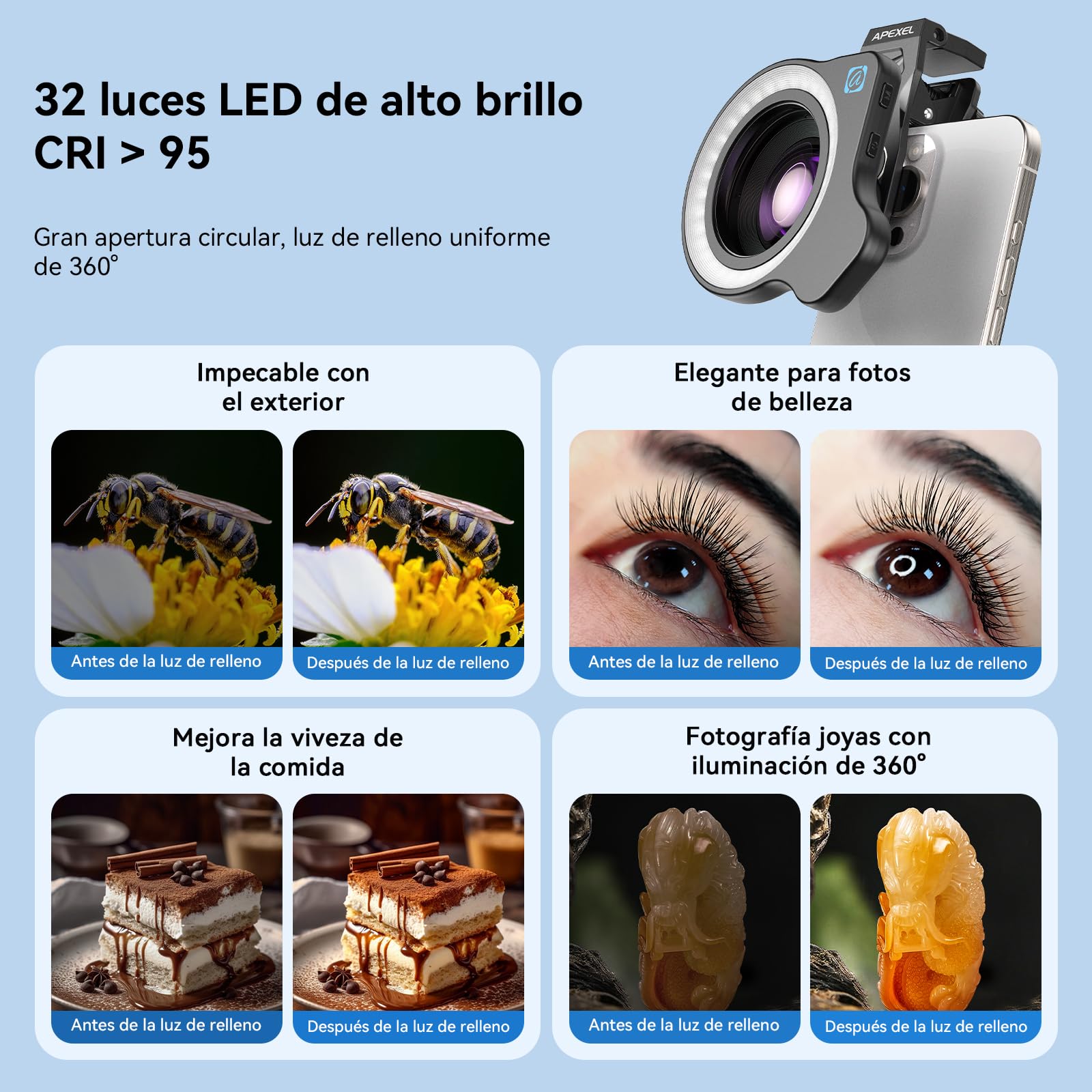 APEXEL HB100 Ultra Lente Macro HD F1.05 con 45 Modos Luz & Revestimiento AF,Lentes para Teléfonos Móviles iPhone, Samsung y Pixel