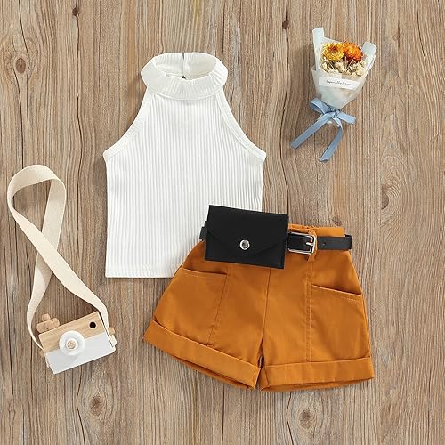 Miniatura 3 de TheFound Conjunto de ropa de verano para niñas pequeñas sin mangas de punto acanalado cuello halter pantalones cortos