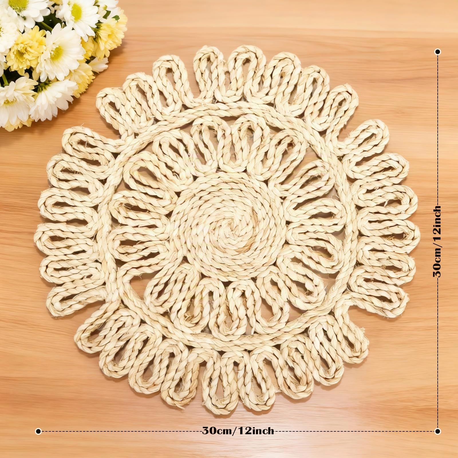 Set Tavoli Rotondi 6 Pezzi, Copripiatto Intrecciato con Disegno di Girasoli, Resistente al Calore per Decorazione Naturale di Tavolo Cucina, Lavabile Antiscivolo, Beige