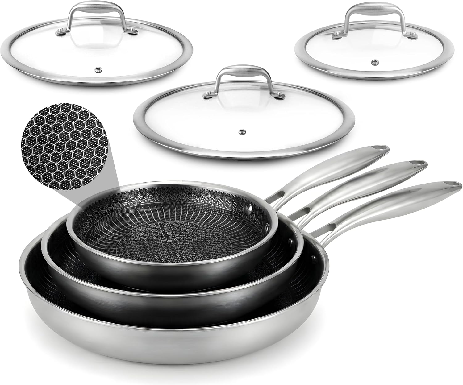 NutriChef 6-Piece Tri-Ply Stainless Steel Frying Pan Set – 8", 10", 12" Non-Stick Skillets with Lids, Induction Compatible, Oven Safe, Scratch-Resistant, Dishwasher Safe