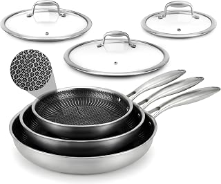 NutriChef 6-Piece Tri-Ply Stainless Steel Frying Pan Set – 8", 10", 12" Non-Stick Skillets with Lids, Induction Compatible, Oven Safe, Scratch-Resistant, Dishwasher Safe