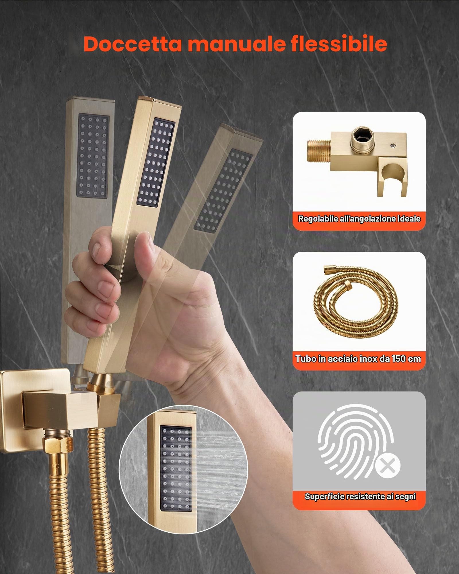 VEVOR Set Doccia, Sistema Doccia a Pioggia per Bagno con Soffione Quadrato da 25,4 cm e Doccetta, Accessori per Vasca da Parete con Valvola in Ottone e Kit di Finitura, Oro Spazzolato