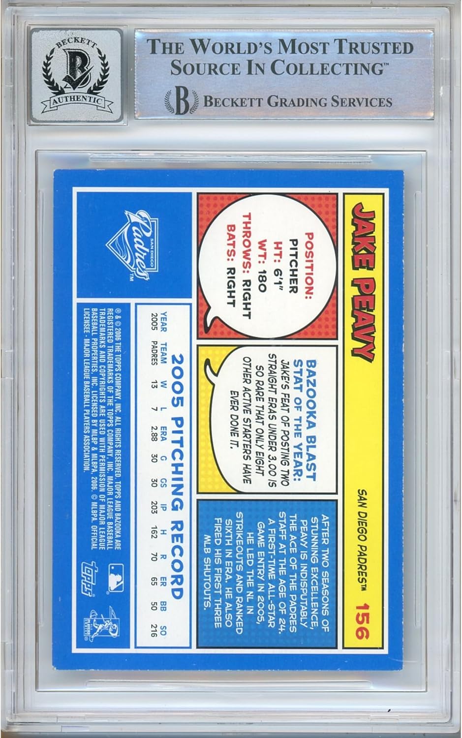 Jake Peavy Autographed 2006 Topps Bazooka Blue Fortune #156 Baseball Trading Card Beckett BGS Auto 10 Graded BAS Authentic Slabbed COA Played For San Diego Padres MLB