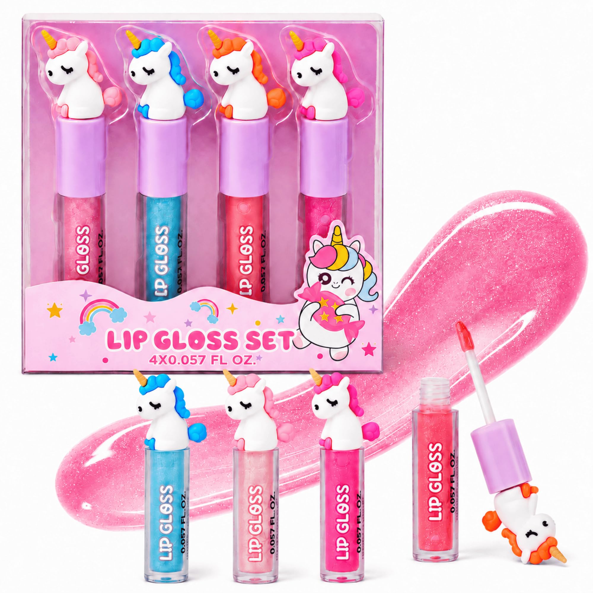 M&U MAKE YOU UP MU Assorted Glittered Flavored Lip Gloss Set, Great Birthday Gift, Unicorn Lip Glosses Bulk for Girls, Kids, Teens, Lipgloss Pack, Non Toxic Unicorn Kids Makeup