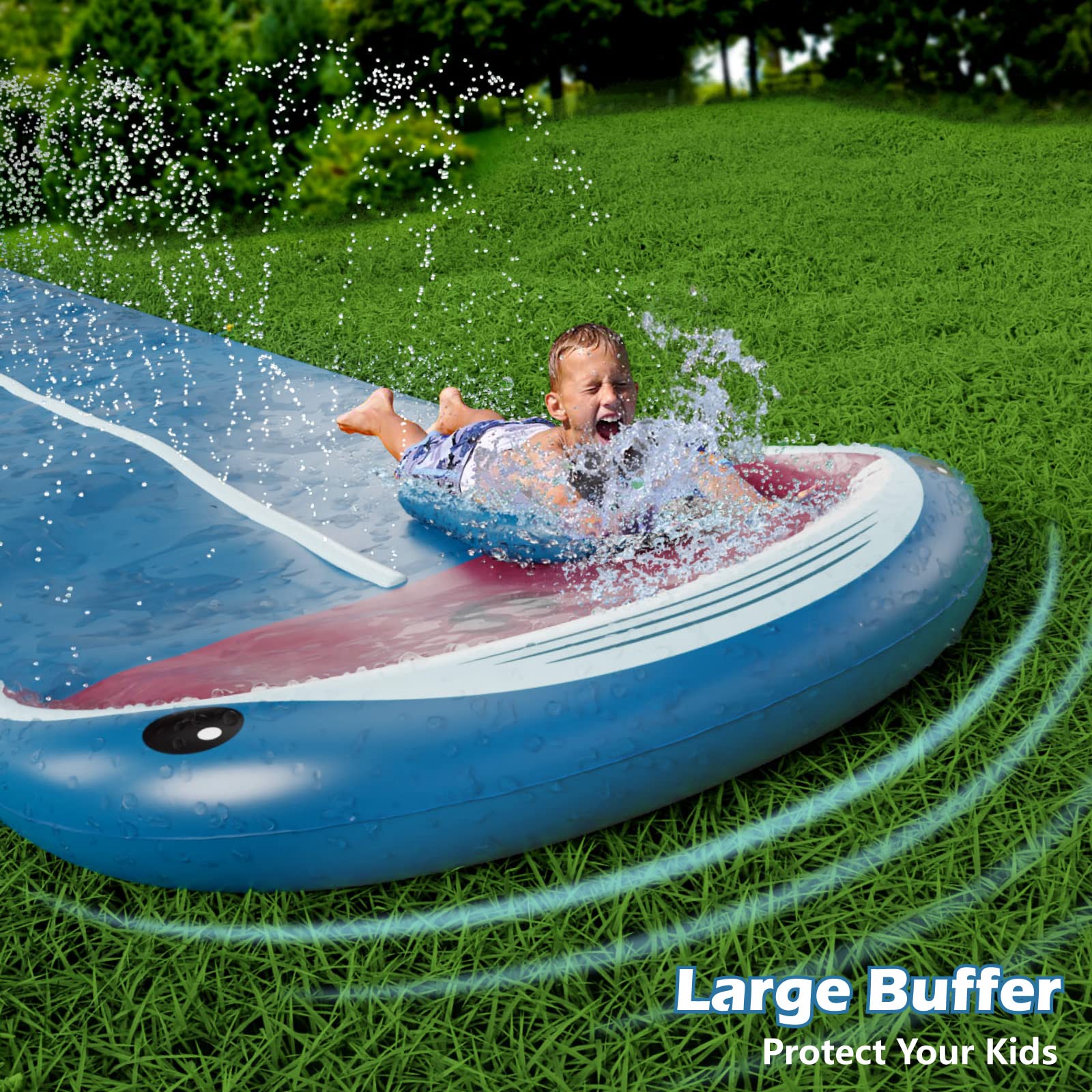 Jasonwell Toboggan aquatique pour pelouse – Toboggan aquatique robuste pour enfants et adultes avec arroseur d'éclaboussures N 2 bodyboards, jouets pour l'été, l'extérieur (requin-2 voies)