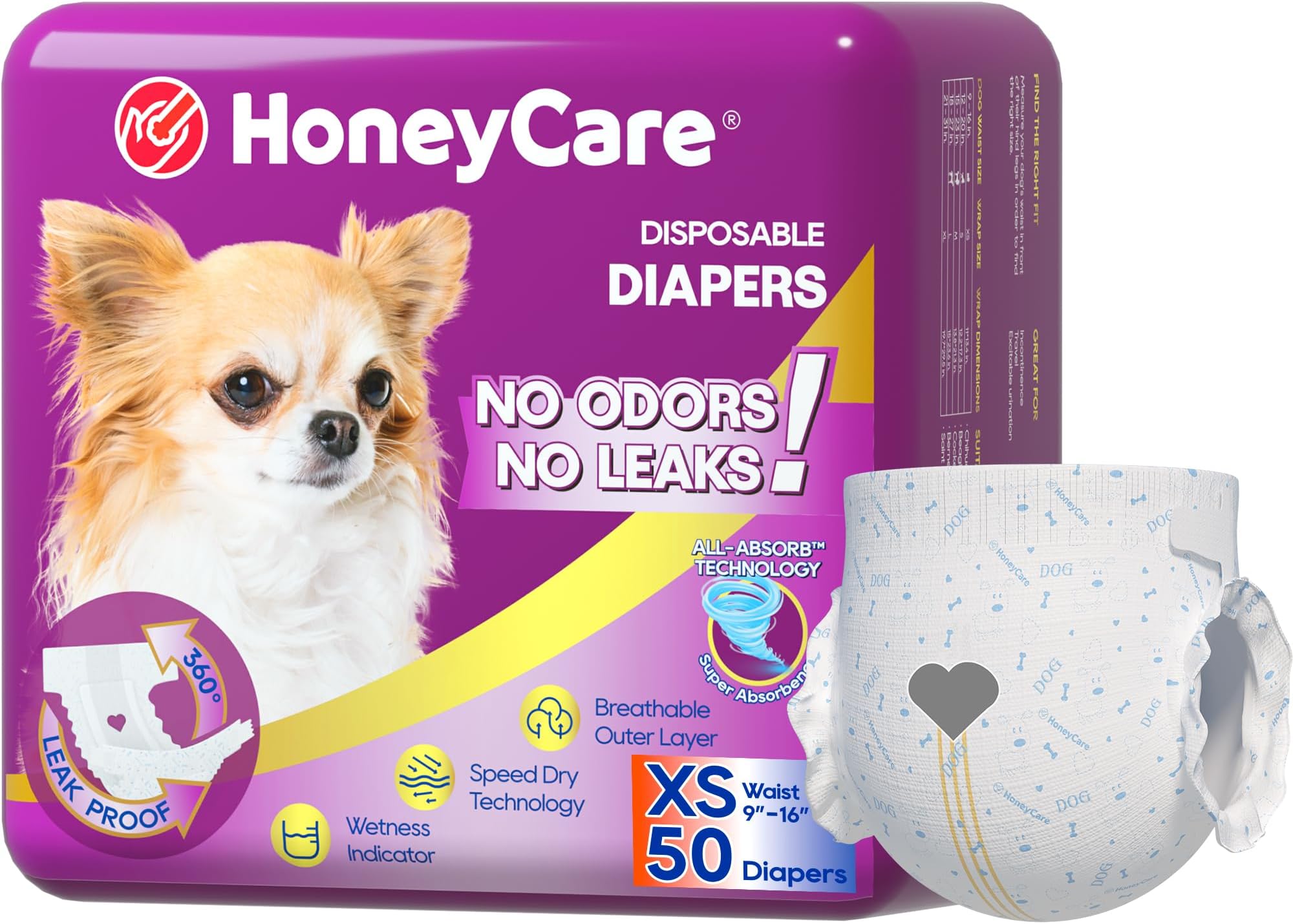 HONEY CARE All-Absorb Disposable Female Dog Diapers Extra Small Size, Improved, 50 Count, Super Absorbent, Breathable, Wetness Indicator (Pack of 1, 50 Count Total)
