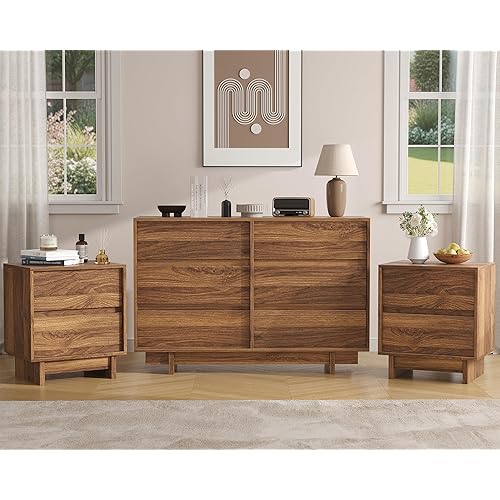 3-Piece Bedroom Dresser Set, Walnut 6 Drawer Dresser and Nightstands Set of 2, Mid Century Modern Chest of Drawers and Night Stands, 3 Pcs Bedroom Furniture Set
