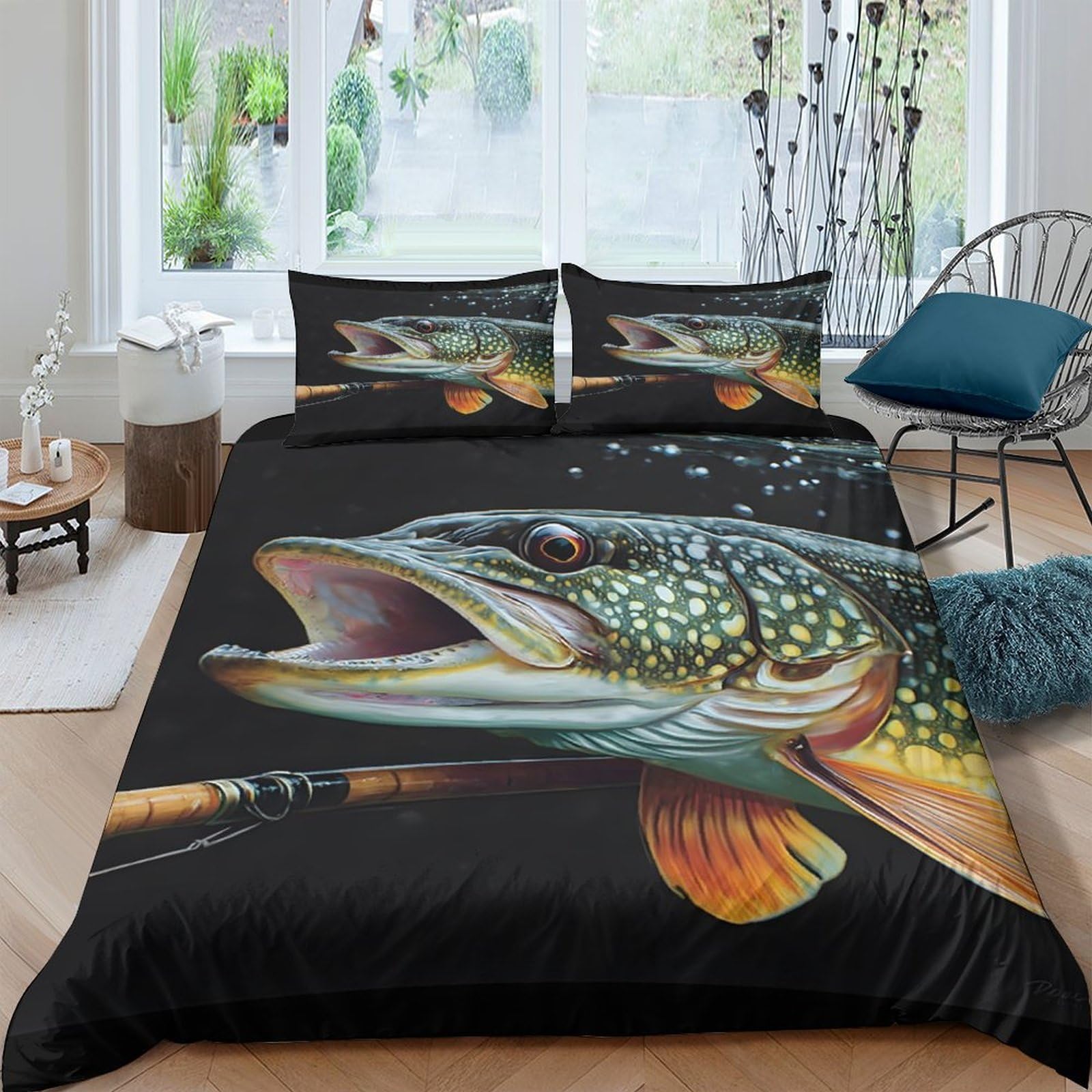 Ctjqhvkz Style-1 3D Printed Lively Pike Fish Fitted Sheet Microfiber Soft Breathable Trout Bed Cover For Bedroom Guest Room Decor Single（135X200cm）