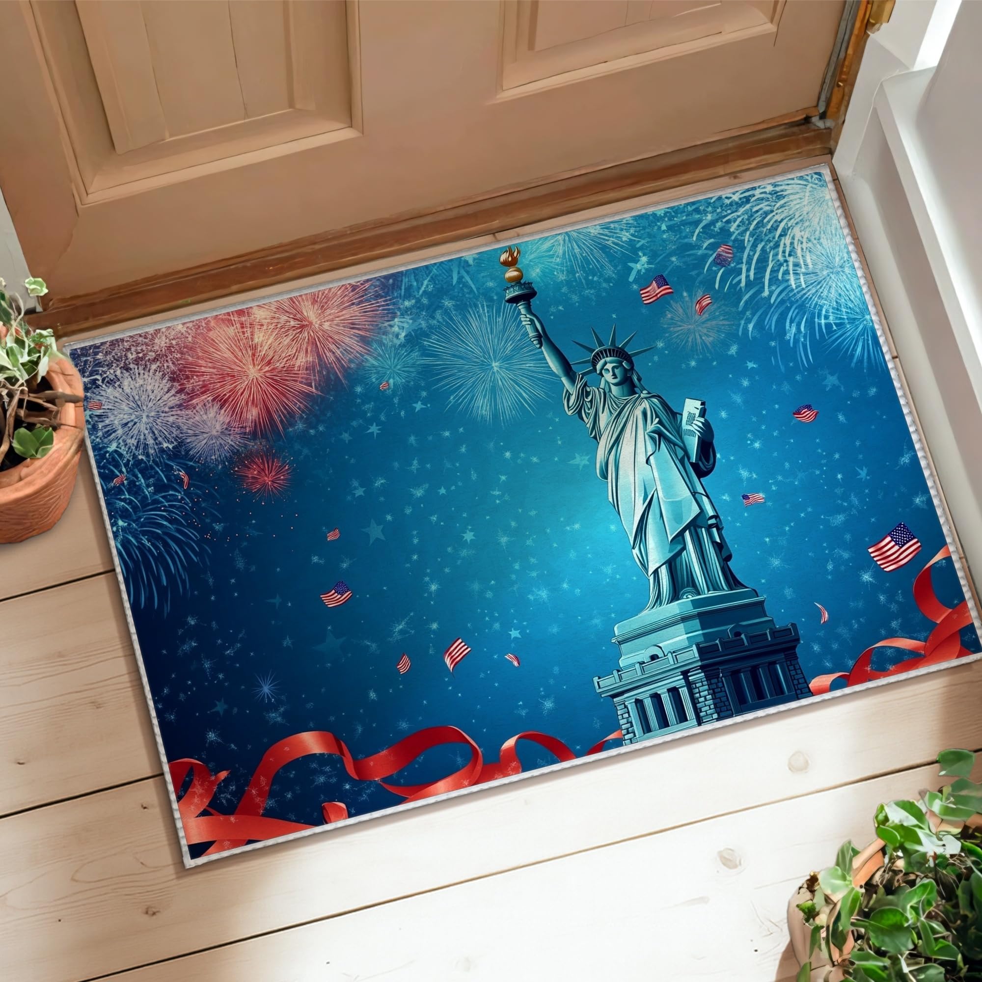 Tapis de salle de bain bleu et étoiles motif Jour de l'Indépendance