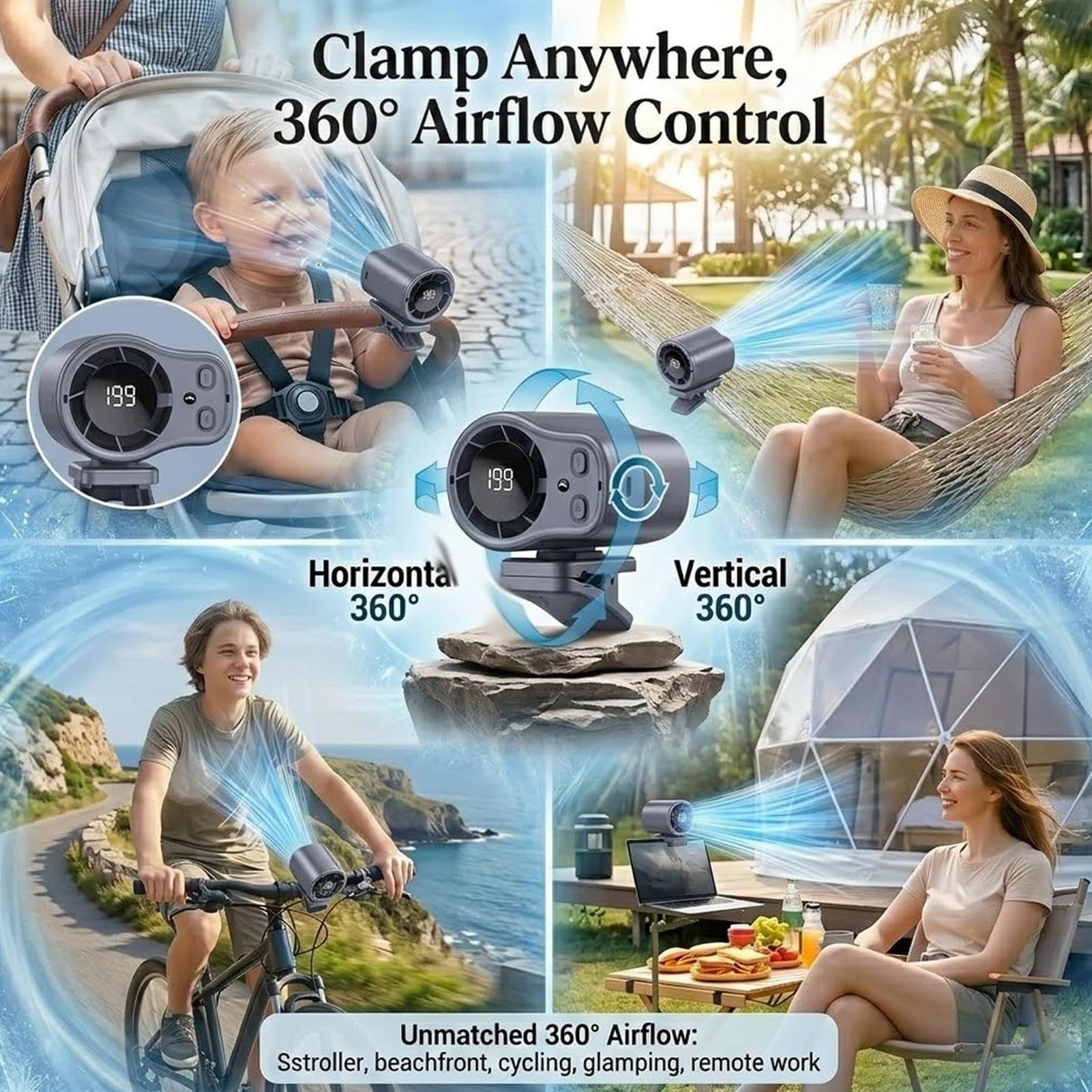 Ventilador de coche | 199 velocidades ajustables recargable, ventilador de refrigeración personal, para ciclismo, pesca, lugar de trabajo, camping, viajes por carretera, playa, hombres, mujeres