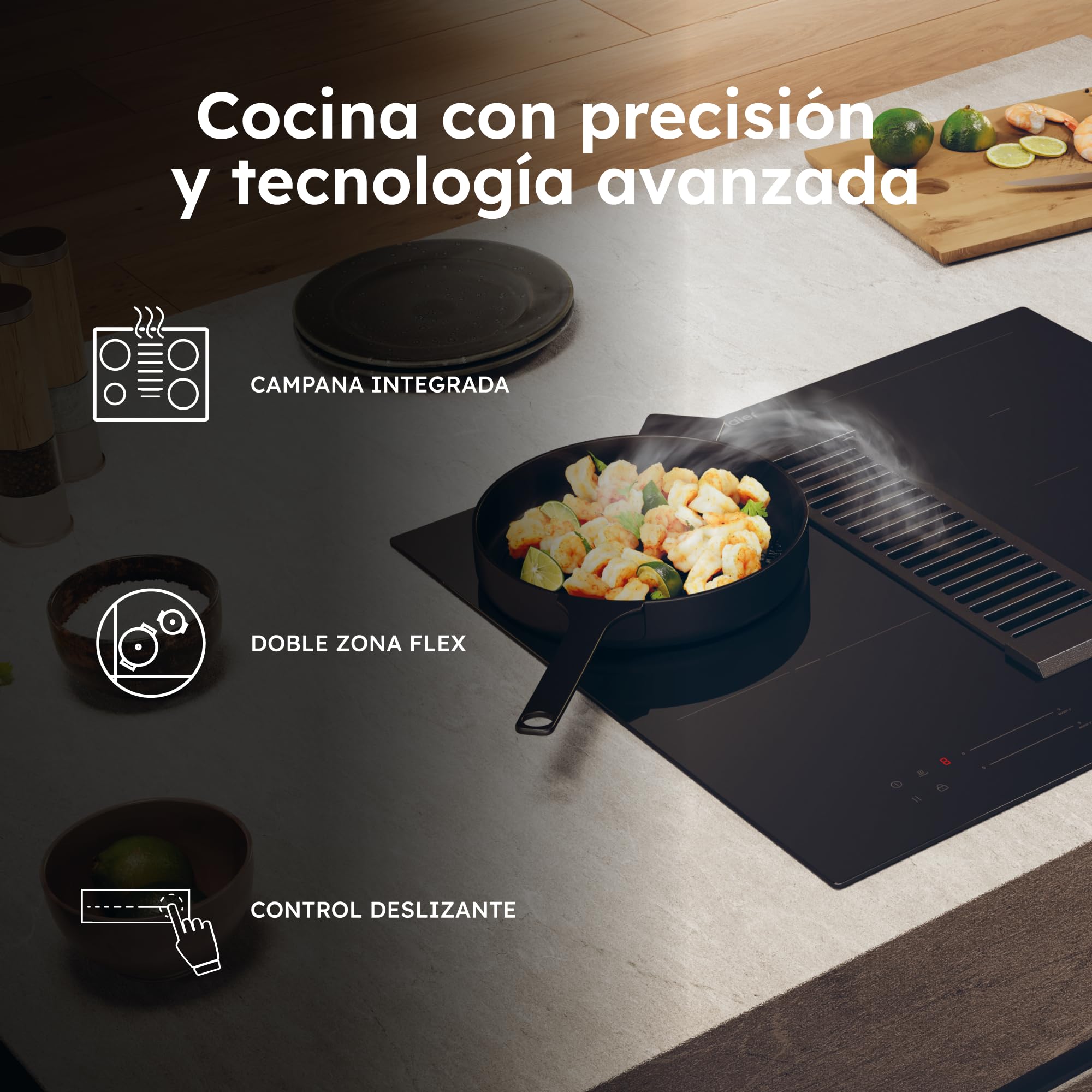 Haier Series 6 HAIH6IEMCF Placa de Inducción con extracción, 4 Zonas Flex, Ancho 60cm, Control deslizante "Multislider" Potencia total 7,4kW, 9 niveles de potencia + Booster, 4 Zonas, Negro