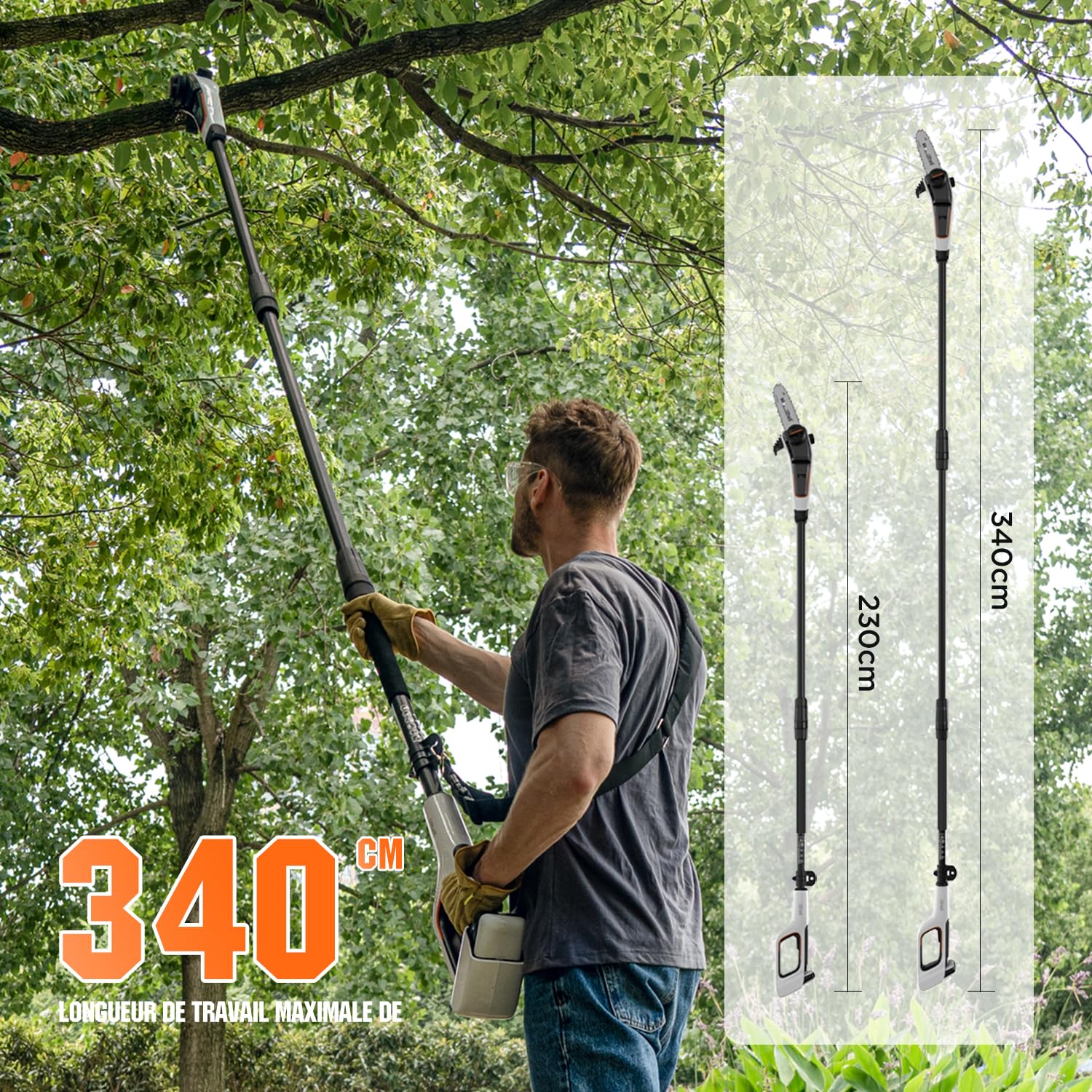 Litheli Élagueuse sur Perche sans Fil 20V avec Batterie, Tronçonneuse Télescopique 20cm, 8m/s, 3800 RPM, Portée 3.4 m, Réglage Automatique & Lubrification Automatique, pour Branches et Jardin