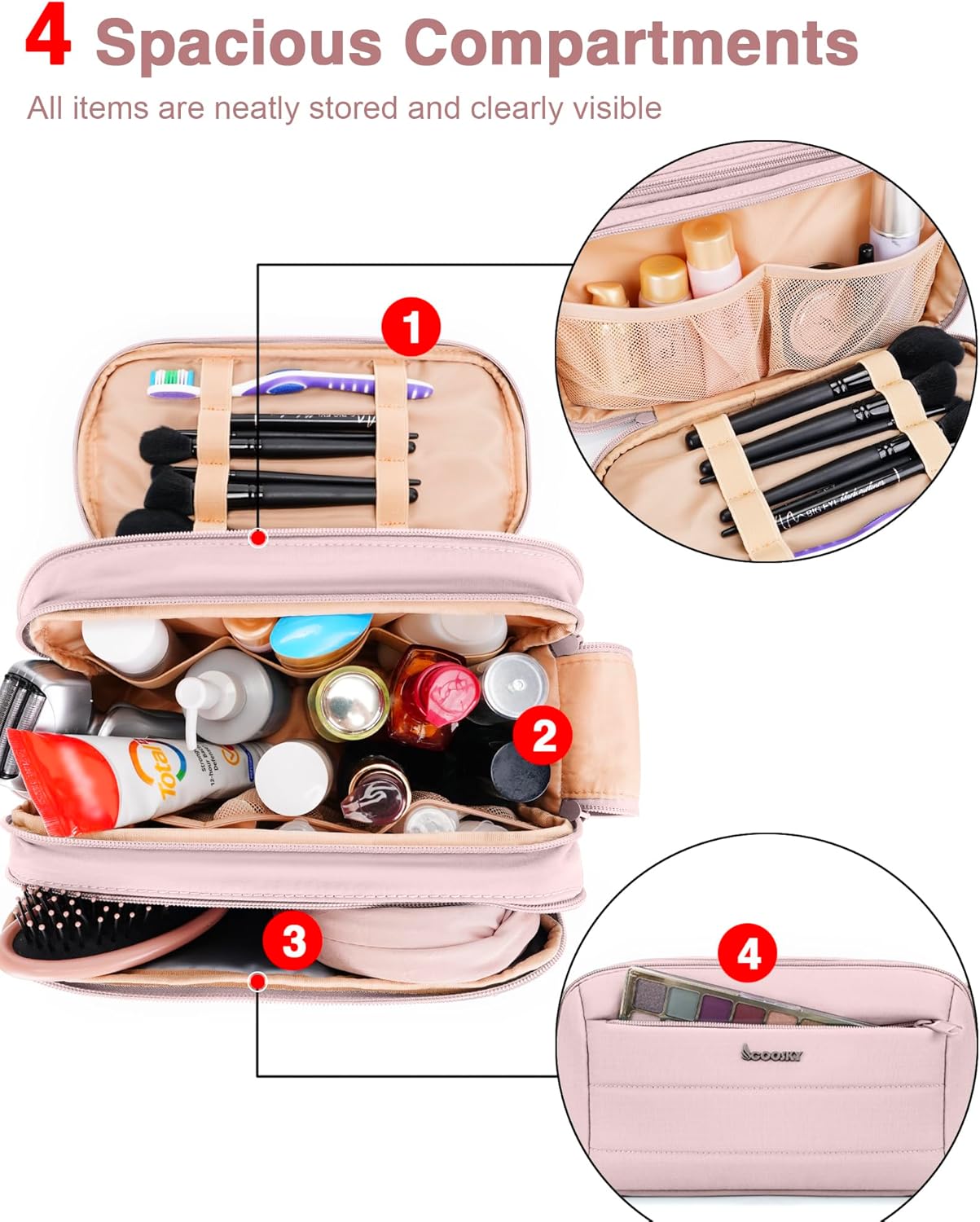 Toiletry Bag for Men & Women, Cruise Ship Travel Essentials, Shaving Dopp Kit with Dry and Wet Separation, Water-resistant Bathroom Cosmetic Organizer Bag, Makeup Accessories with Trolley Belt, Pink - Image 4