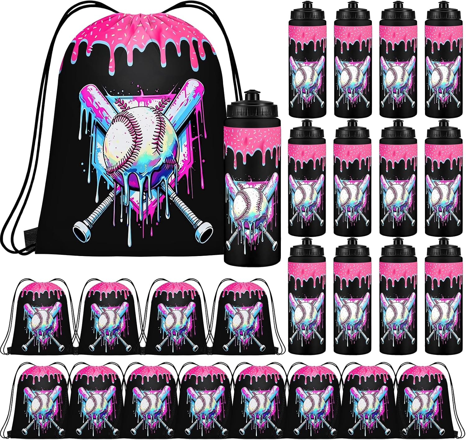 24 Pcs Ice Cream Drip Baseball Party Favors | Baseball Ice Cream Drawstring Goodie Bags 20 oz Reusable Water Bottle for Baseball Birthday Party Supplies Sports Party Decor