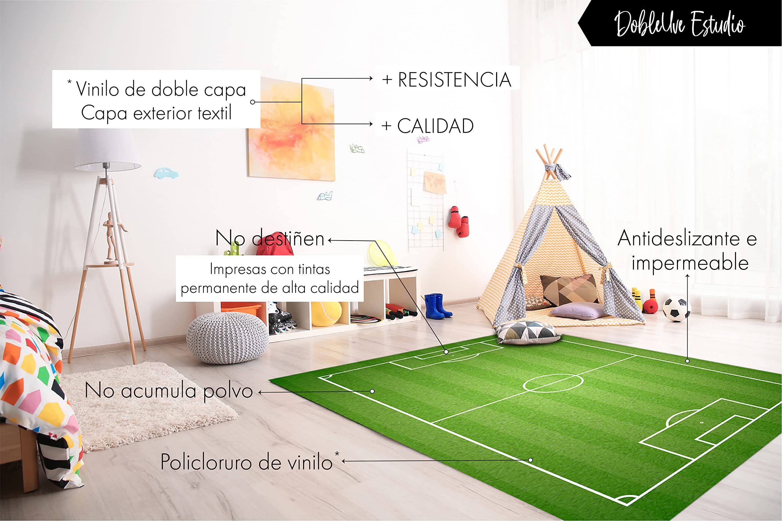 DobleUve Estudio Alfombra Vinílica Infantil Campo de Fútbol | 160x100 cm | Lavable | Grande | Suelo Vinilo