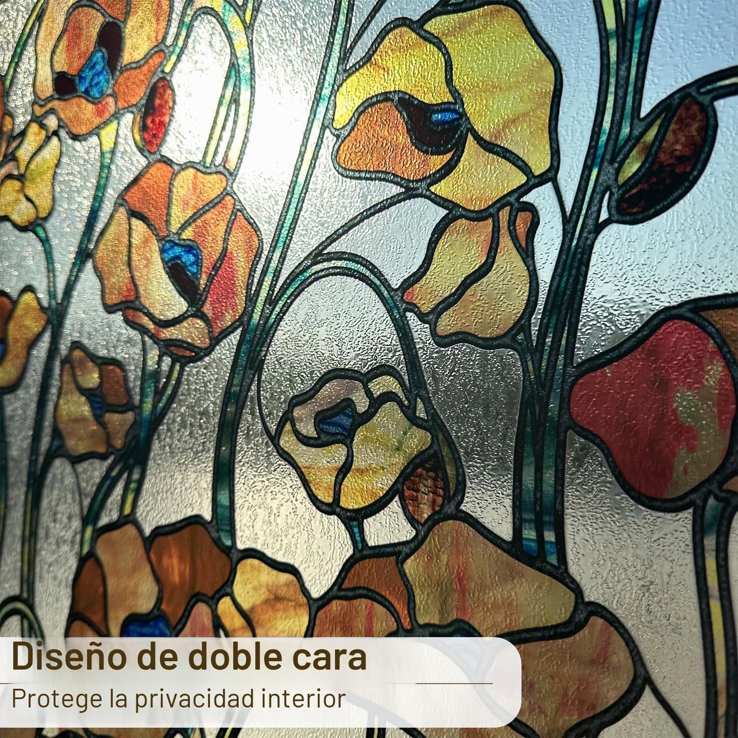 Película decorativa autoadhesiva para ventana, vidrieras, 43 x 300 cm, amapola marrón amarillenta, decoración de vidrio dibujado a mano para dormitorio, sala de estar, cocina y oficinas