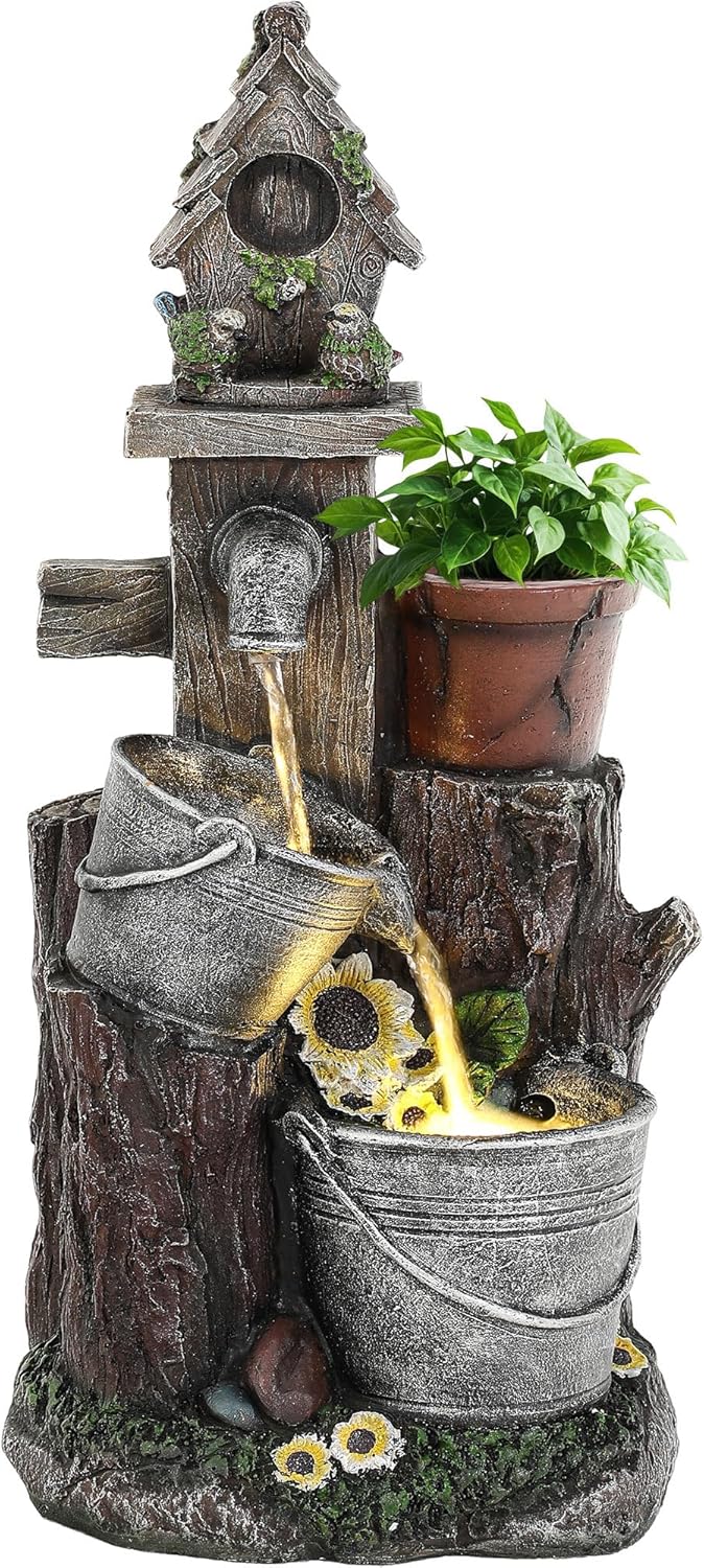 20" Bucket Birdhouse Outdoor Fountain, 3-Tier Pastoral Water Feature with LED Lights, Resin Soothing Cascading Waterfall for Patio, Backyard, Garden or Porch
