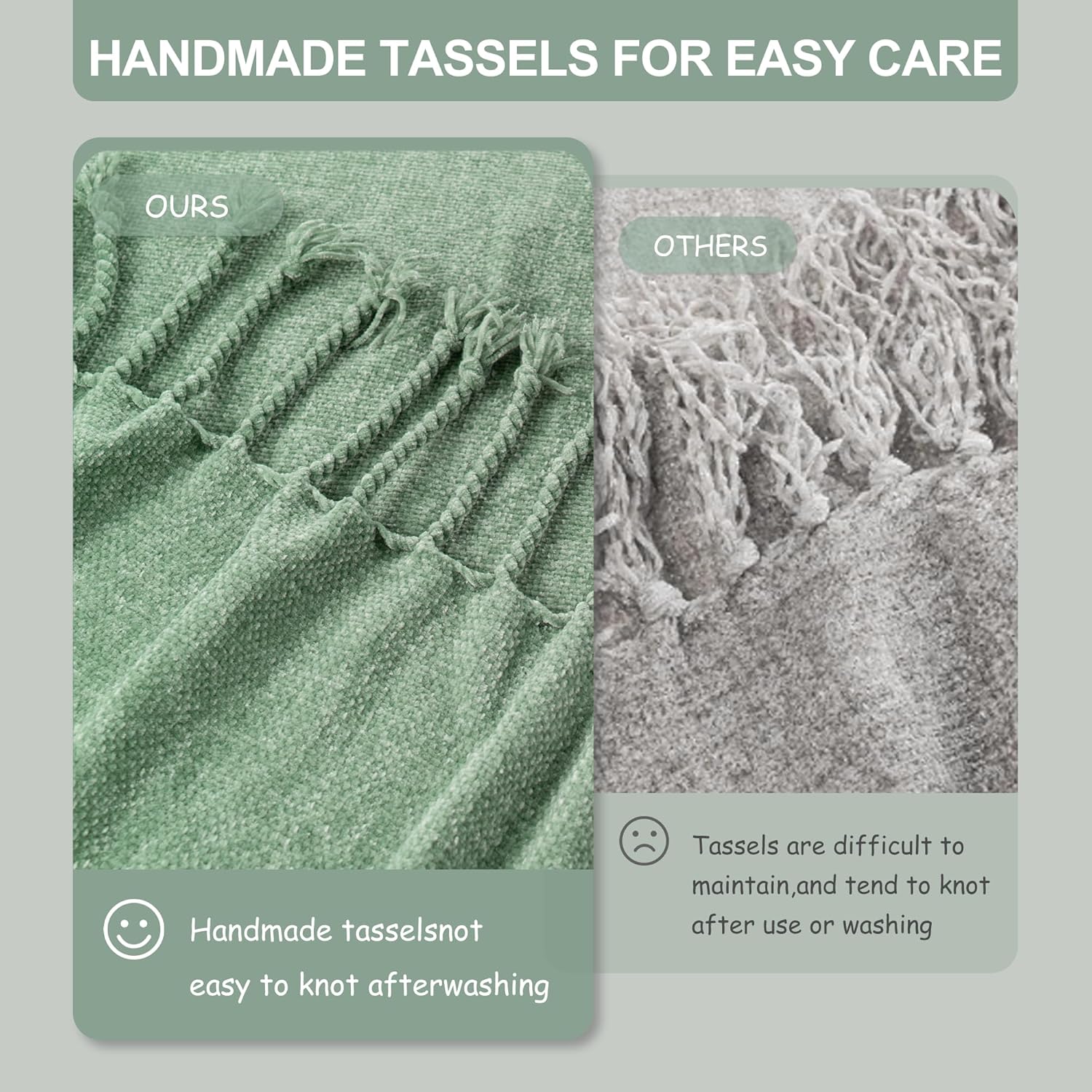 BATTILO HOME Sage Green Throw Blanket for Couch, Bed, Sofa - Soft Cozy Sage Chenille Throw with Fringe Tassels, Lightweight Green Knit Throw for Spring Home Decor, 50"x60"