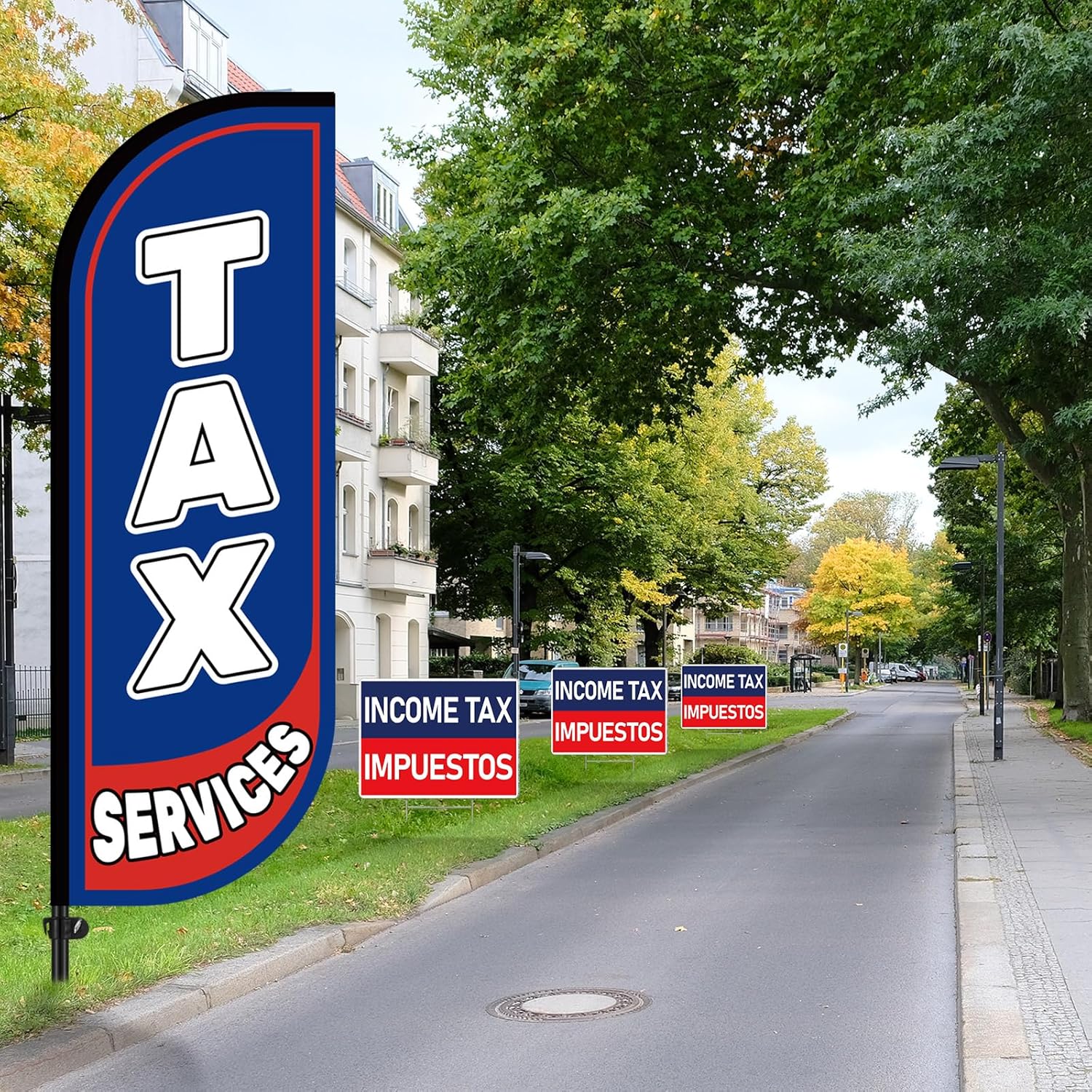 6 Set Financial Services Feather Flag Sign Includes 7ft Tall Advertising Banner and 5 Income Tax Impuestos Yard Sign with Ground Stake for Business Promotion Financial Services Tax - Image 7