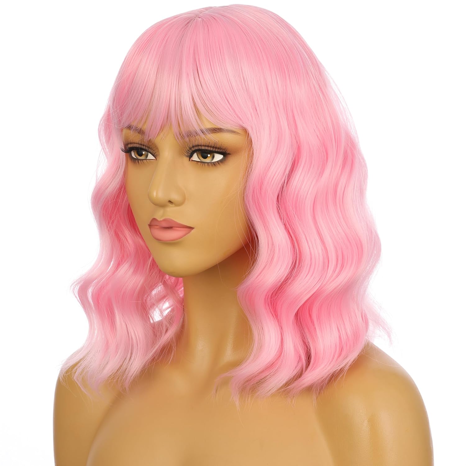 eNilecor Pink Wig for Women,Short Wavy Curly Bob Hair Wig with Bangs,14" Natural Synthetic Party Costume Cosplay Halloween Colored Colorful Color Wigs For Women