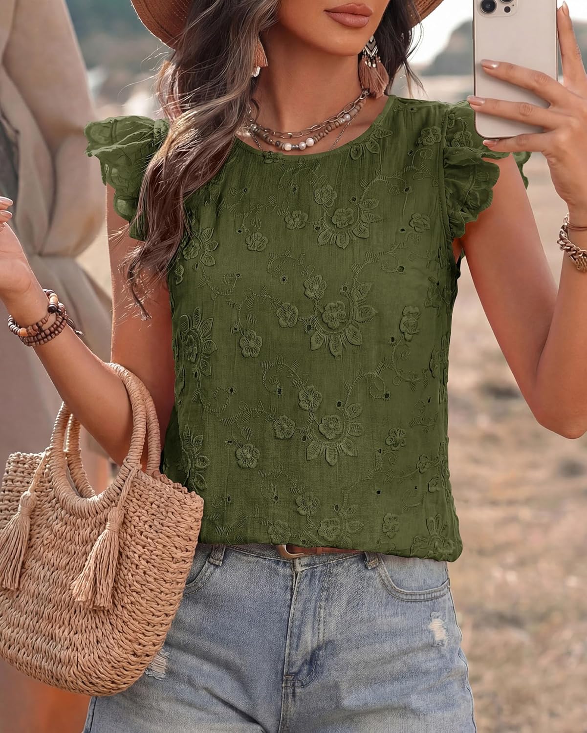 KIRUNDO Summer Tops for Women 2026 Ruffle Cap Sleeve Lace Embroidered Floral Boho Shirts Dressy Casual Blouses Cruise Outfits - Image 3