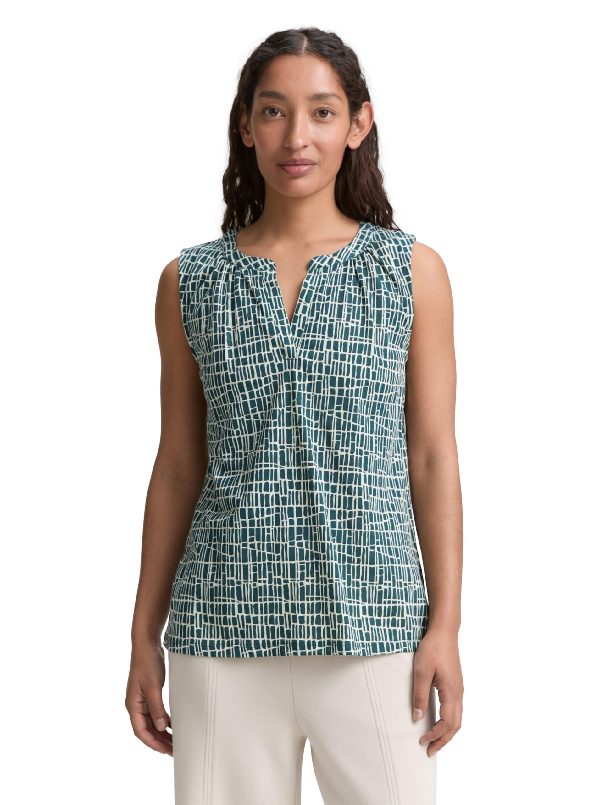 TOM TAILOR Women's Top, 38116 - Abstract Tel Green Grid Design, XXL