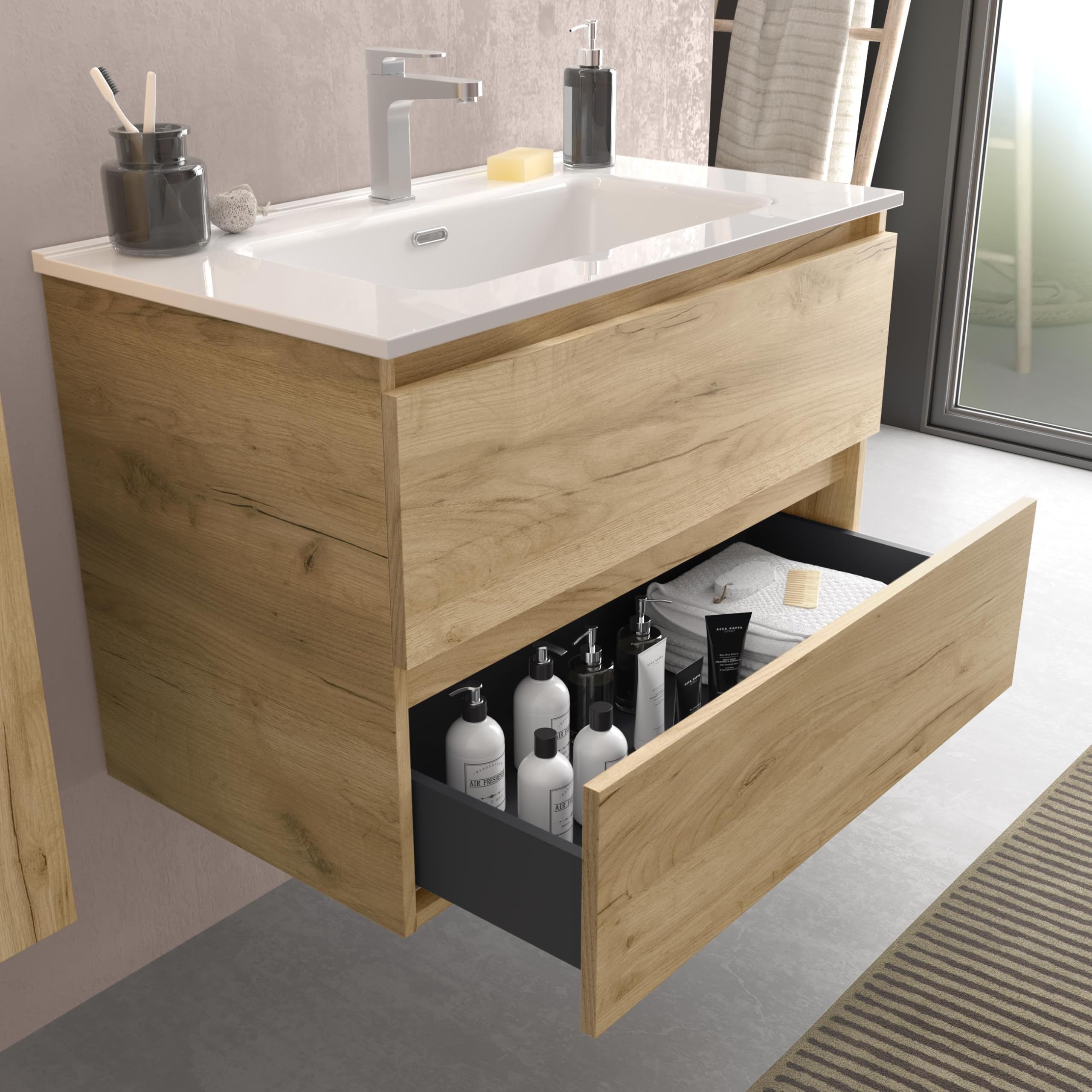 Mueble de baño Bequia 80 cm con Lavabo 100% montado de fábrica | Acabado Roble suspendido 2 cajones Cierre amortiguado Apertura con uñero | Lavabo Porcelana Blanca | Marca Salgar