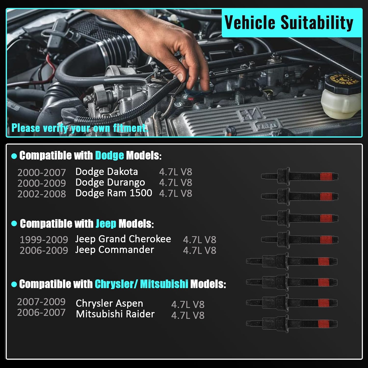 Exhaust Manifold Stud Bolt Nut Kits 6504331 Compatible with Dodge Dakota 00-07 Durango 00-09 Ram 1500 02-08 Chrysler Aspen 07-09 Jeep Grand Cherokee 99-09 Commander Mitsubishi Raider 6505257AA