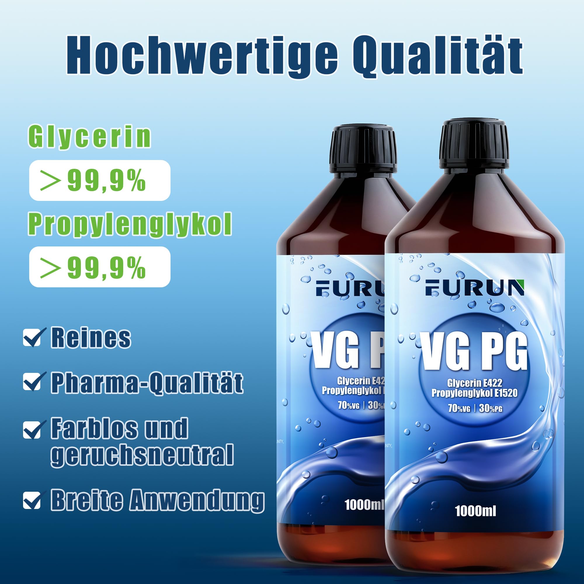 FURUN 70% VG Glycerin 30% PG Propylenglykol E422 E1520 Pharma-Qualität, Reinheit >99,9%, Vegan, Kindersichere PET-Apothekerflasche
