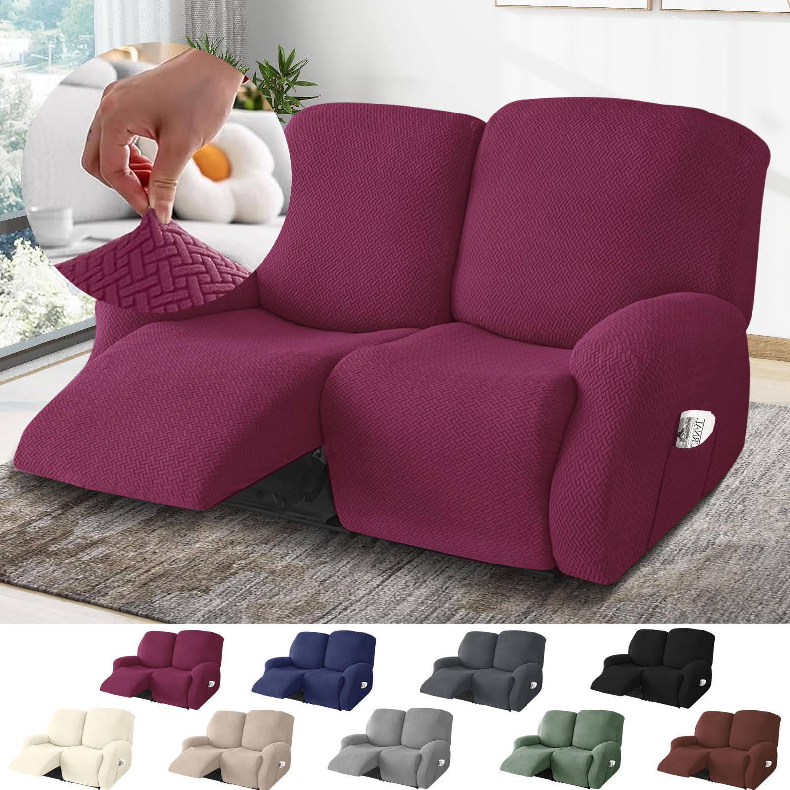 BOYIFEIJIE 2-Seater Recliner Sofa Covers, All-Inclusive Striped Jacquard Sofa Slipcover with Pocket, Non-Slip Stretch Recliner Protector for Living Room Recliner Sofa (Burgundy, 6-Pieces)