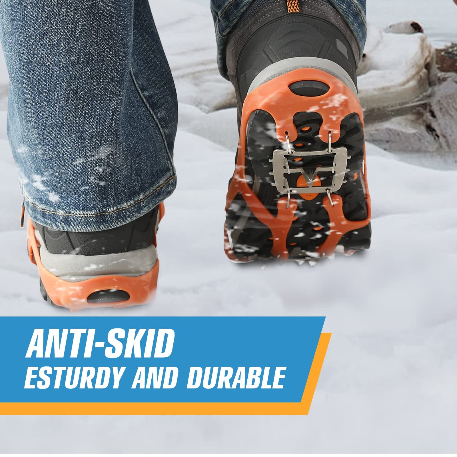 Crampons Ice Cleats Traction Snow Grips for Boots Shoes Women Men Anti Slip with Seamless Welded Steel Crampons for Hiking Fishing Walking (Orange, Medium[Women:6-9/Men:5-8])