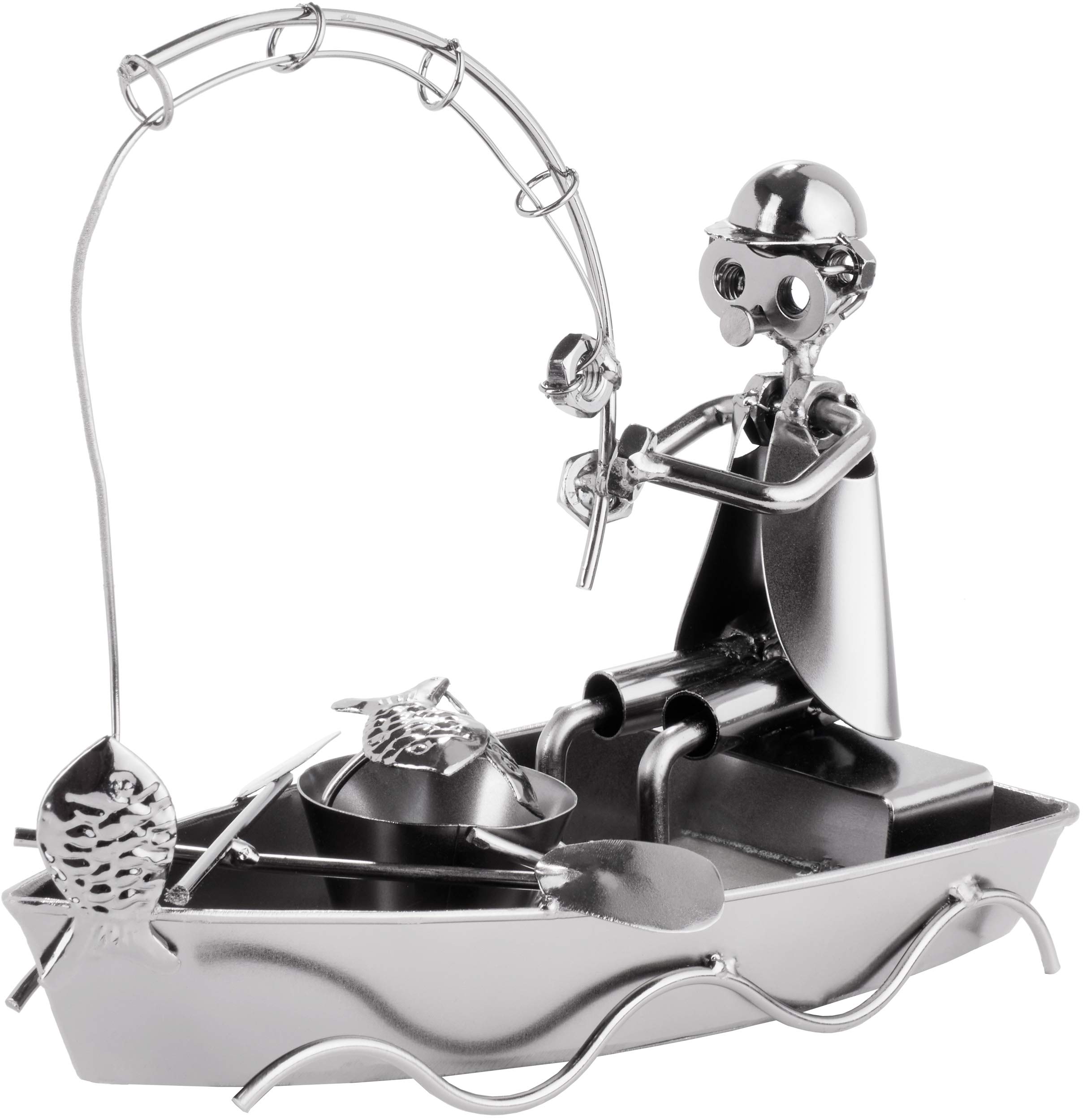 Brubaker Silver Screw Man Angler In Boat - Handmade Iron Figure Metal Man Fishing - Metal Figure Gift Idea For Anglers And Fishermen
