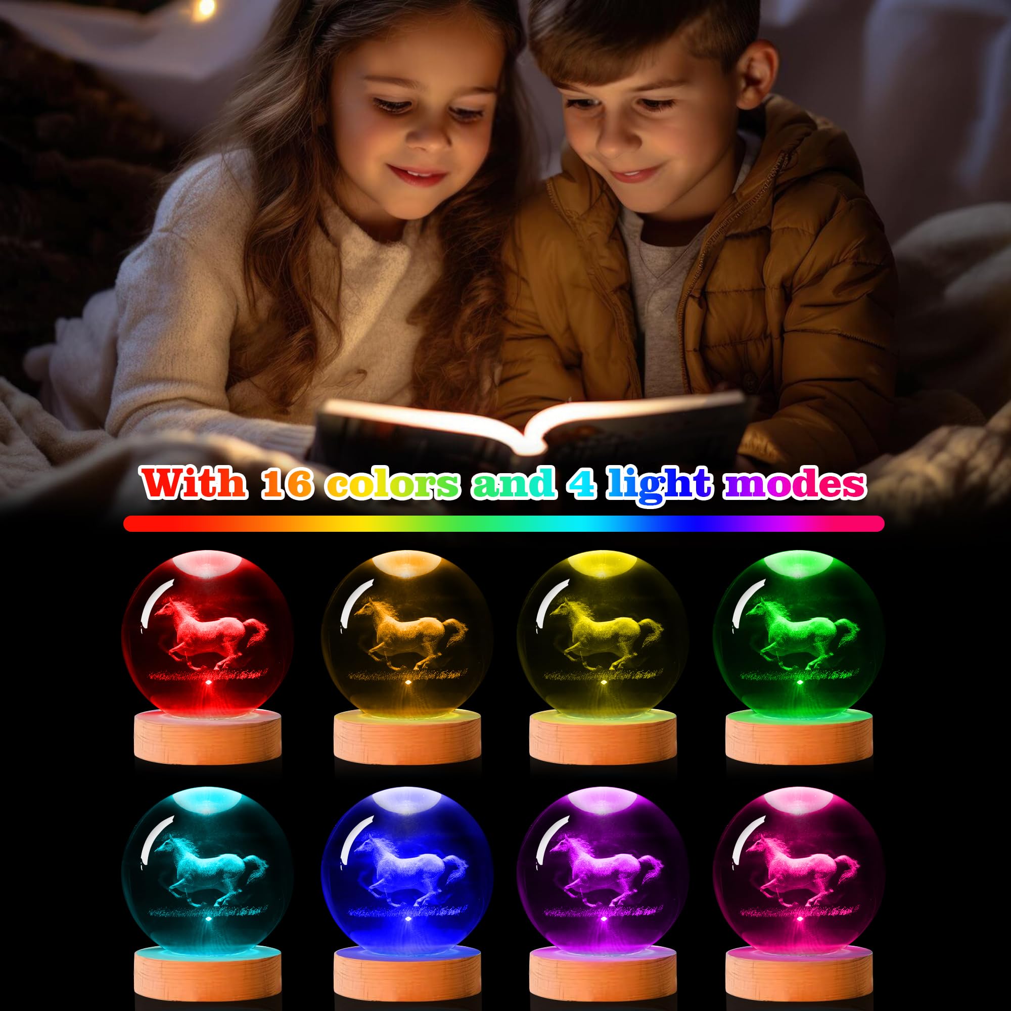 OkiyiD Pferde Kristallkugel,Pferde Lampe,Nachtlicht Kinderzimmer Niedliche Zimmerdekoration,Mit Fernbedienung, 16 Farben, Dimmbar, Geschenk für Pferdeliebhaber