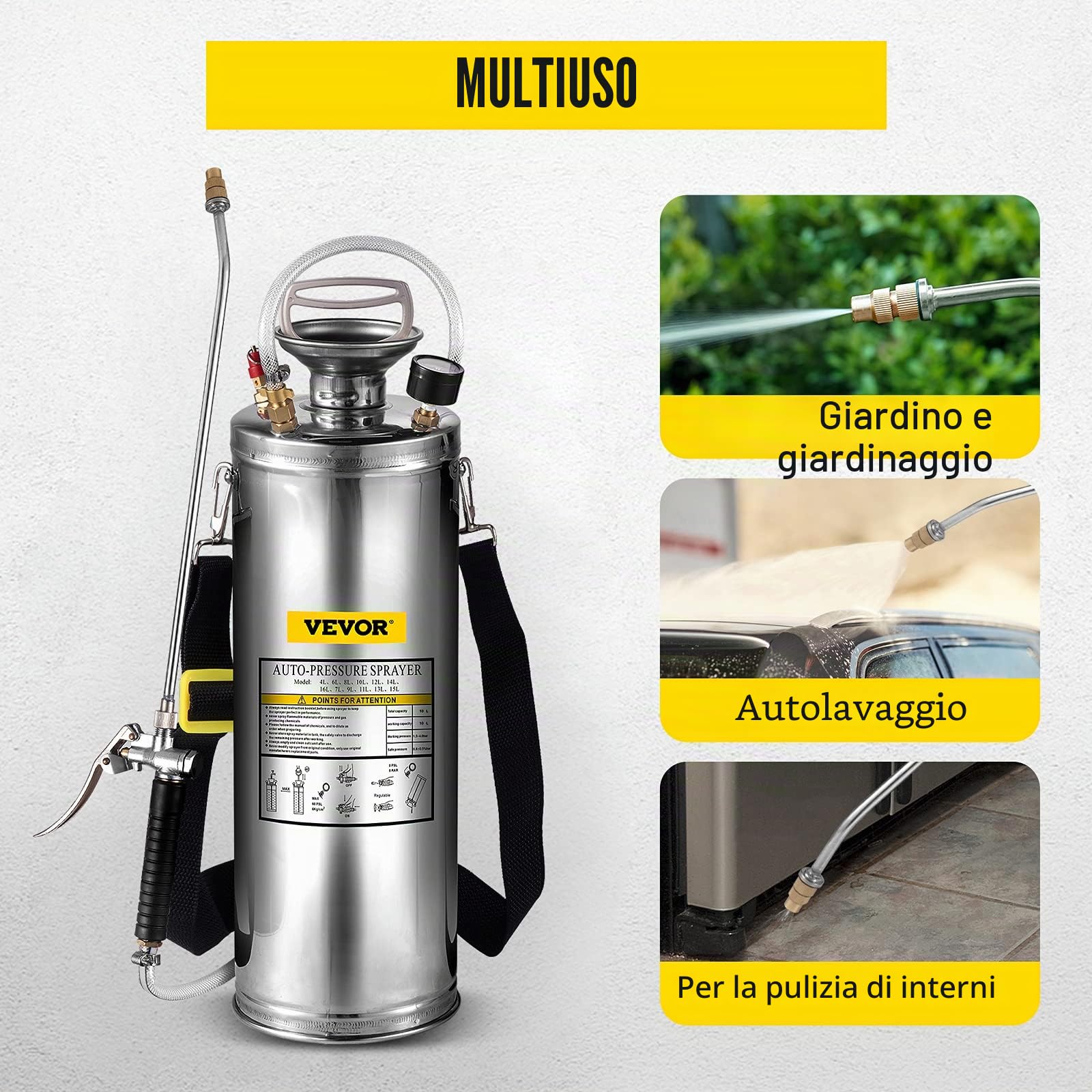 VEVOR Spruzzatore 6L in Acciaio Inossidabile, Spruzzatore Manuale a Pompa, Spruzzatore da Giardino Rinforzato a Pressione da 3,3 Pollici, Spruzzatore per Giardinaggio Domestico e Pulizia del Terreno