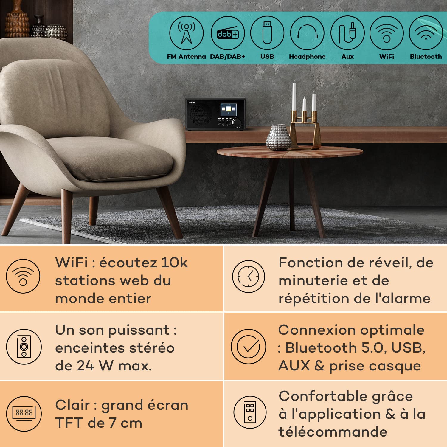 Auna Radio Portable Bluetooth et Rechargeable, Poste Radio Numérique Dab/Dab+/FM/Streaming, Mini Portables Stéréo, Écran HCC, 5h d'Autonomie, FM, Alarme de Réveil, Alimentée au Secteur