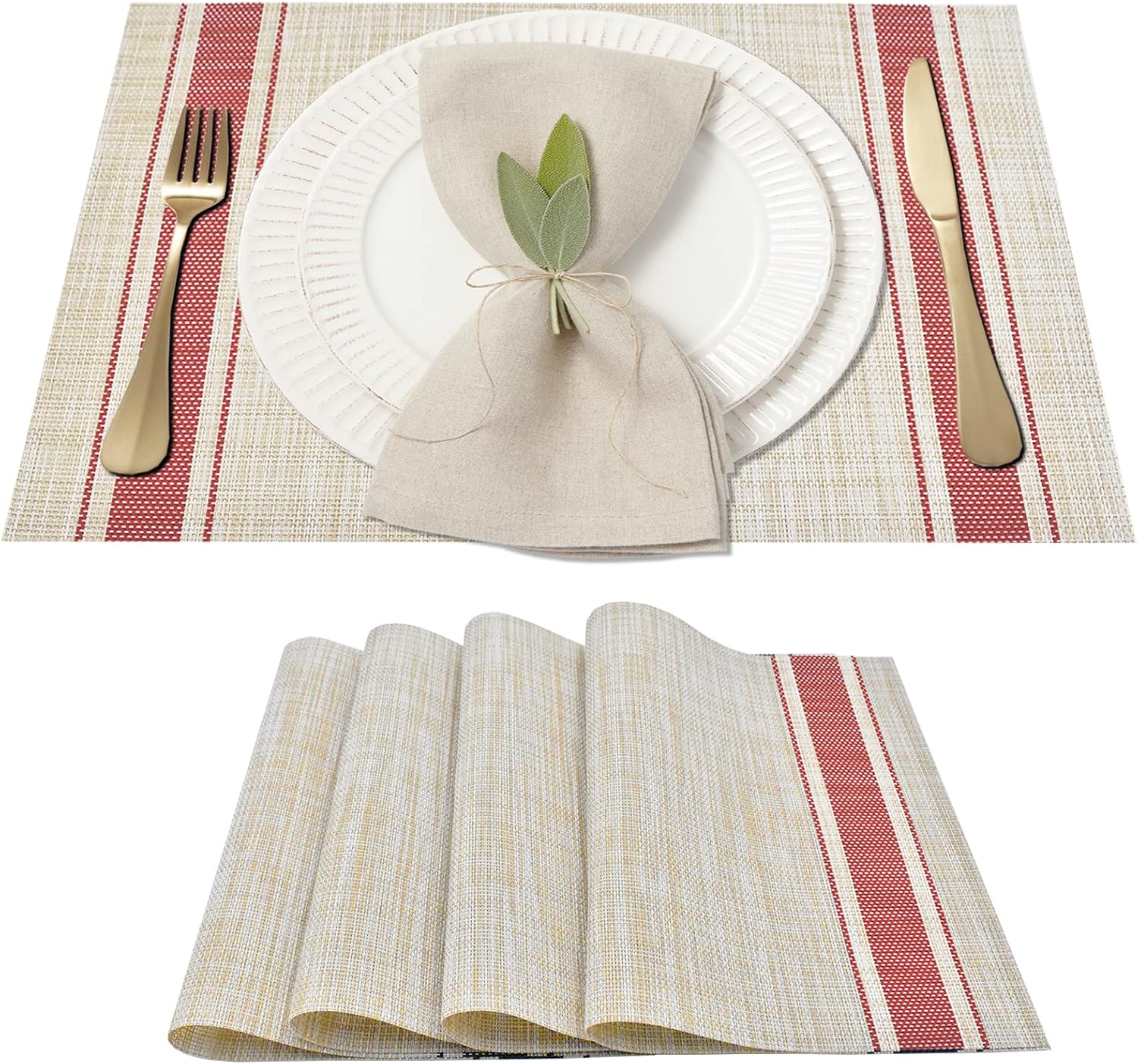 ARTAND Placemats Set of 4, Woven Placemats for Dining Table, Boho Decor Plastic Table Place Mats, Vinyl Table Mats for Indoor Outdoor Red Lines